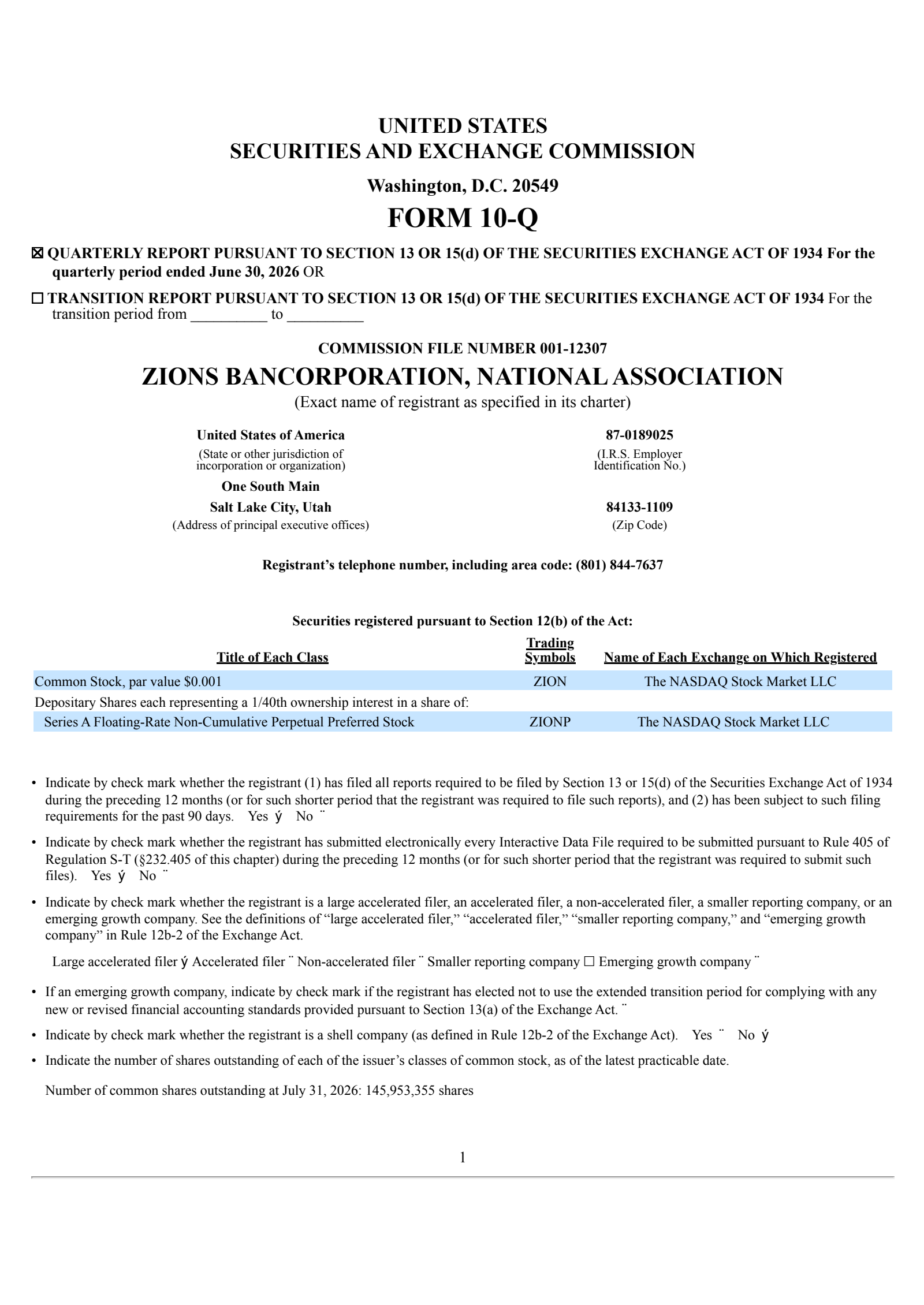 Zions Bancorporation, N.A.'s Q2 2026 Quarterly report