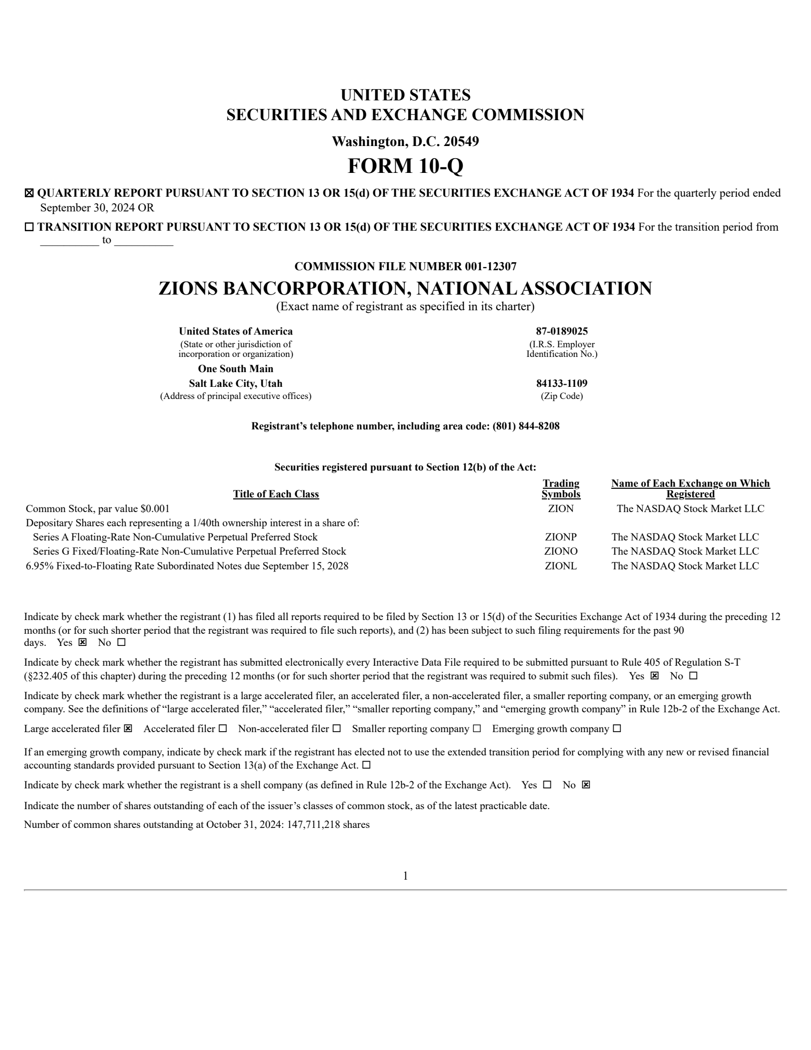Zions Bancorporation, N.A.'s Q3 2024 Quarterly Report