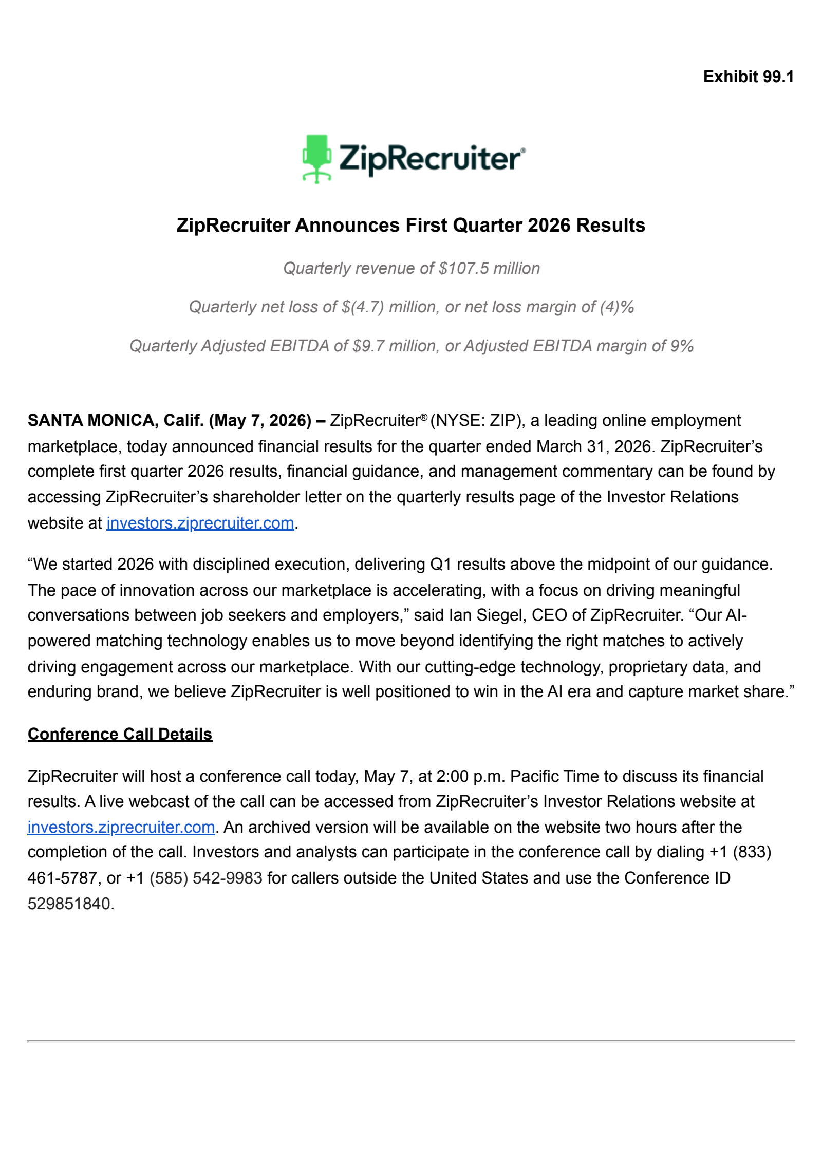 ZipRecruiter's Q1 2026 Press Release