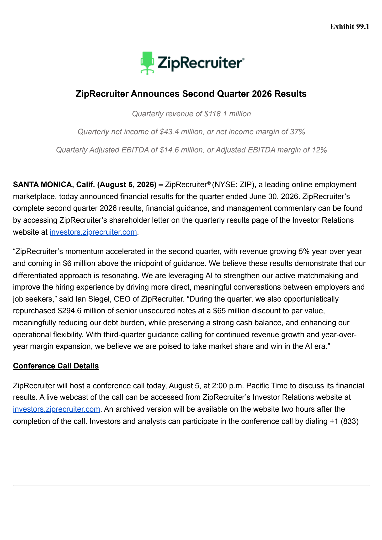 ZipRecruiter's Q2 2026 Press Release