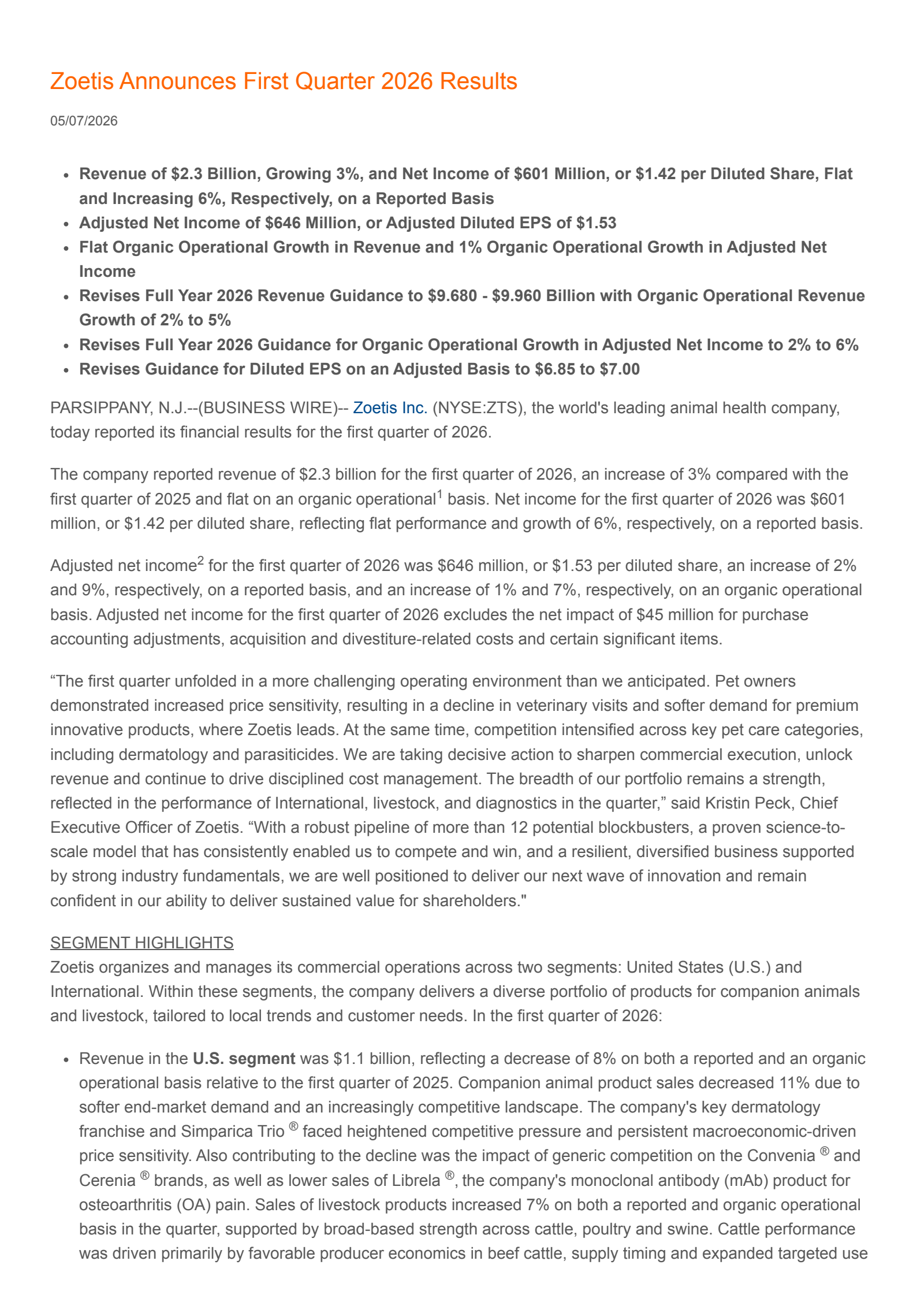 Zoetis' Q1 2026 Press Release