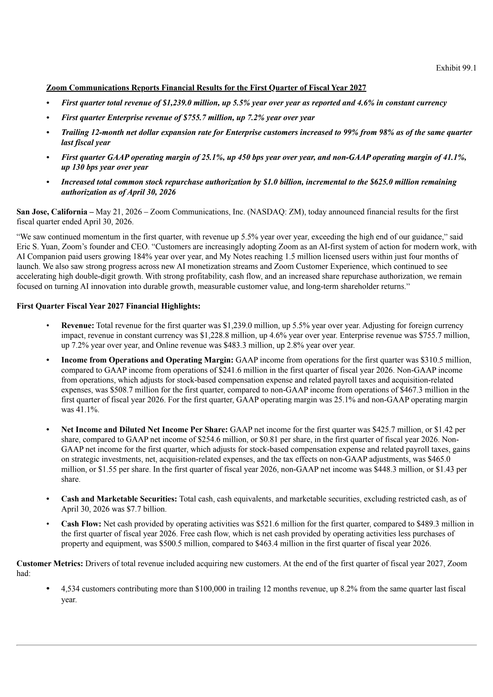 Zoom Communications' Q1 2027 Press Release