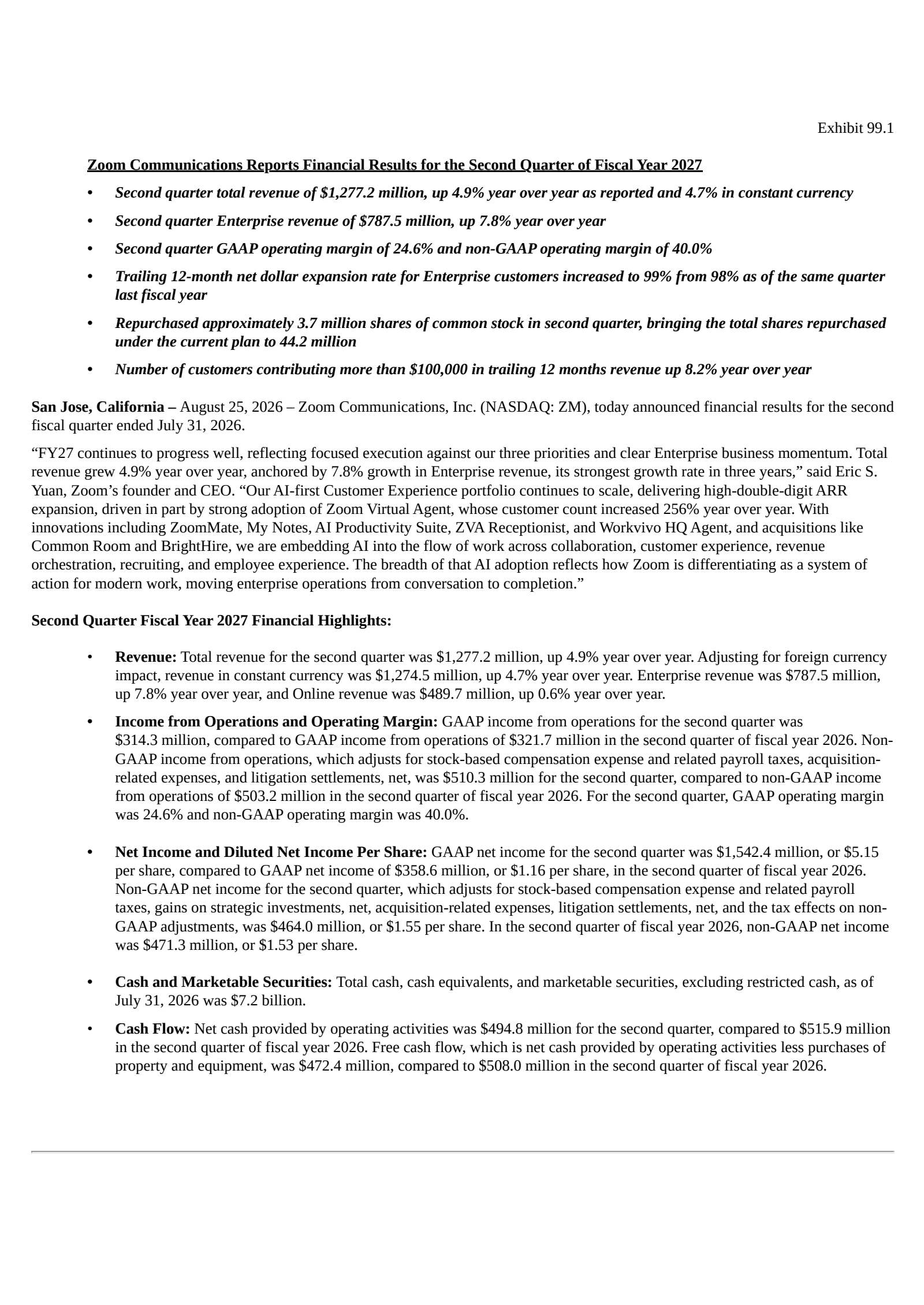 Zoom Communications' Q2 2027 Press Release