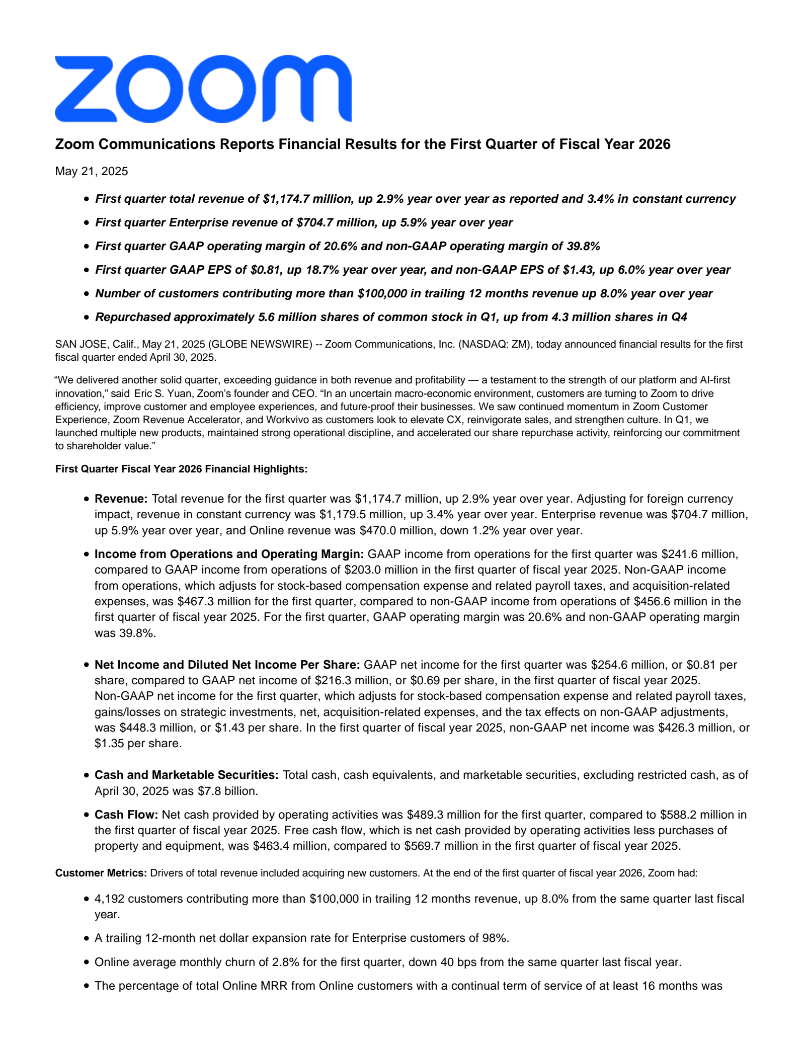 Zoom Communications' Q1 2026 Press Release