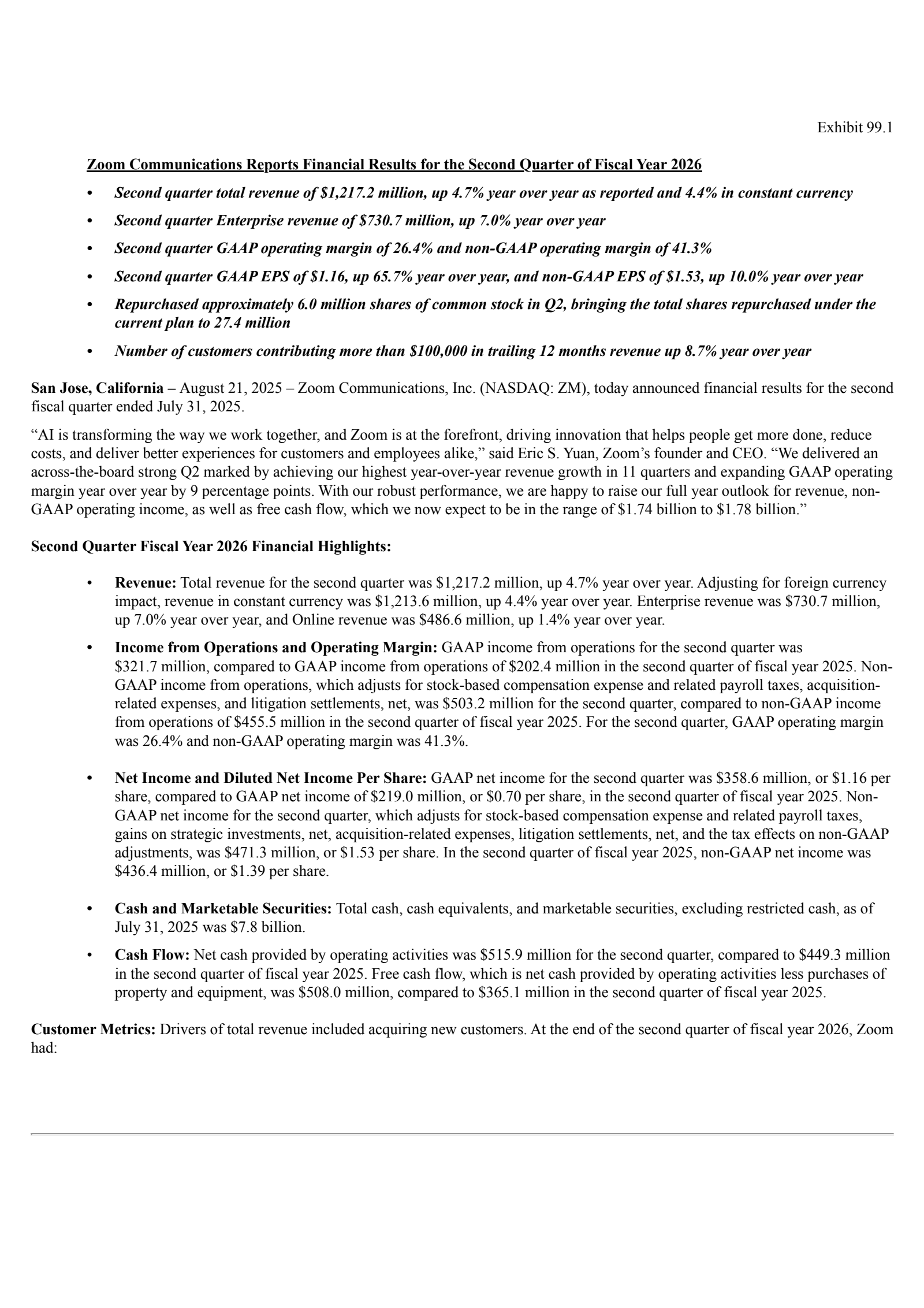 Zoom Communications' Q2 2026 Press Release