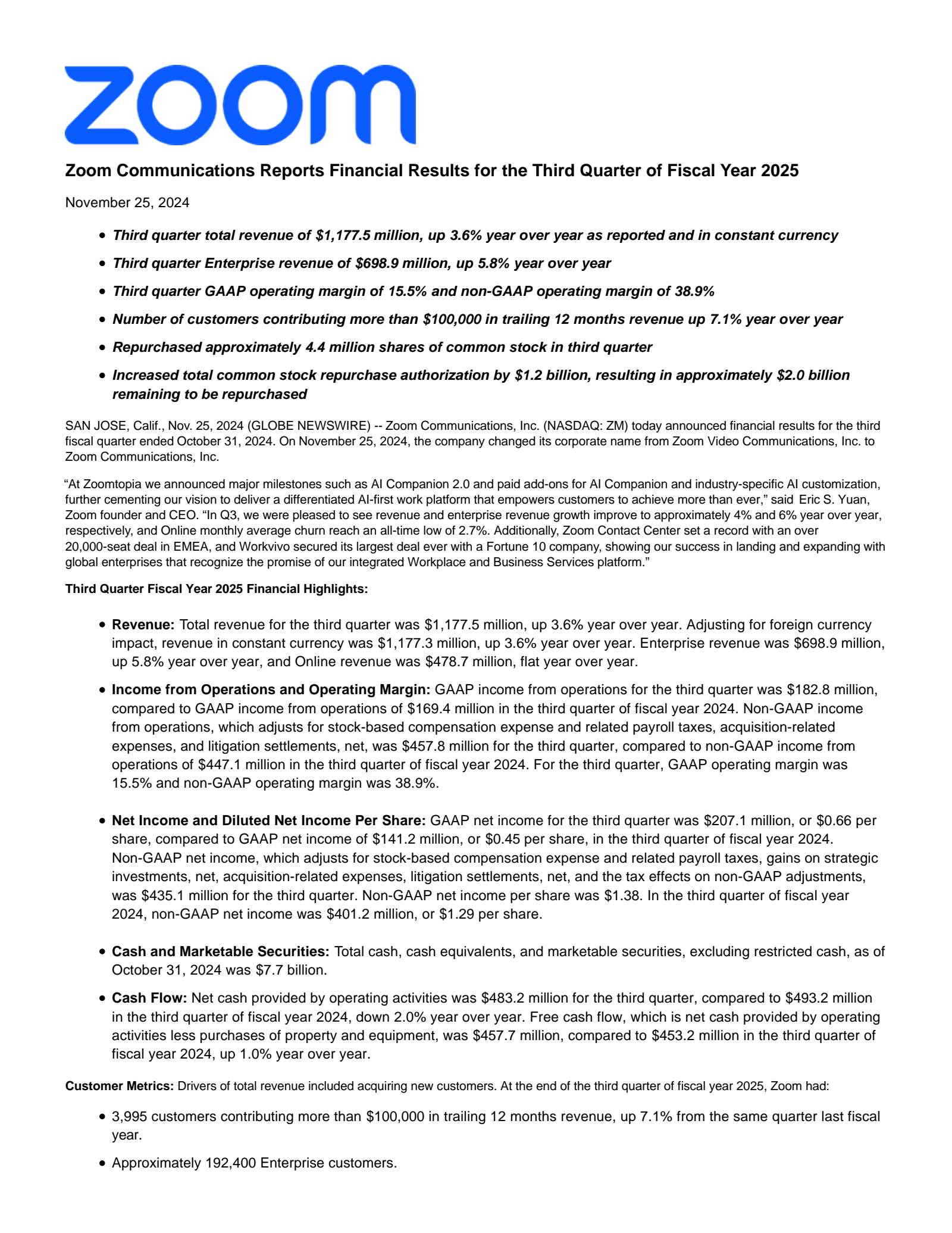 Zoom Communications' Q3 2025 Press Release