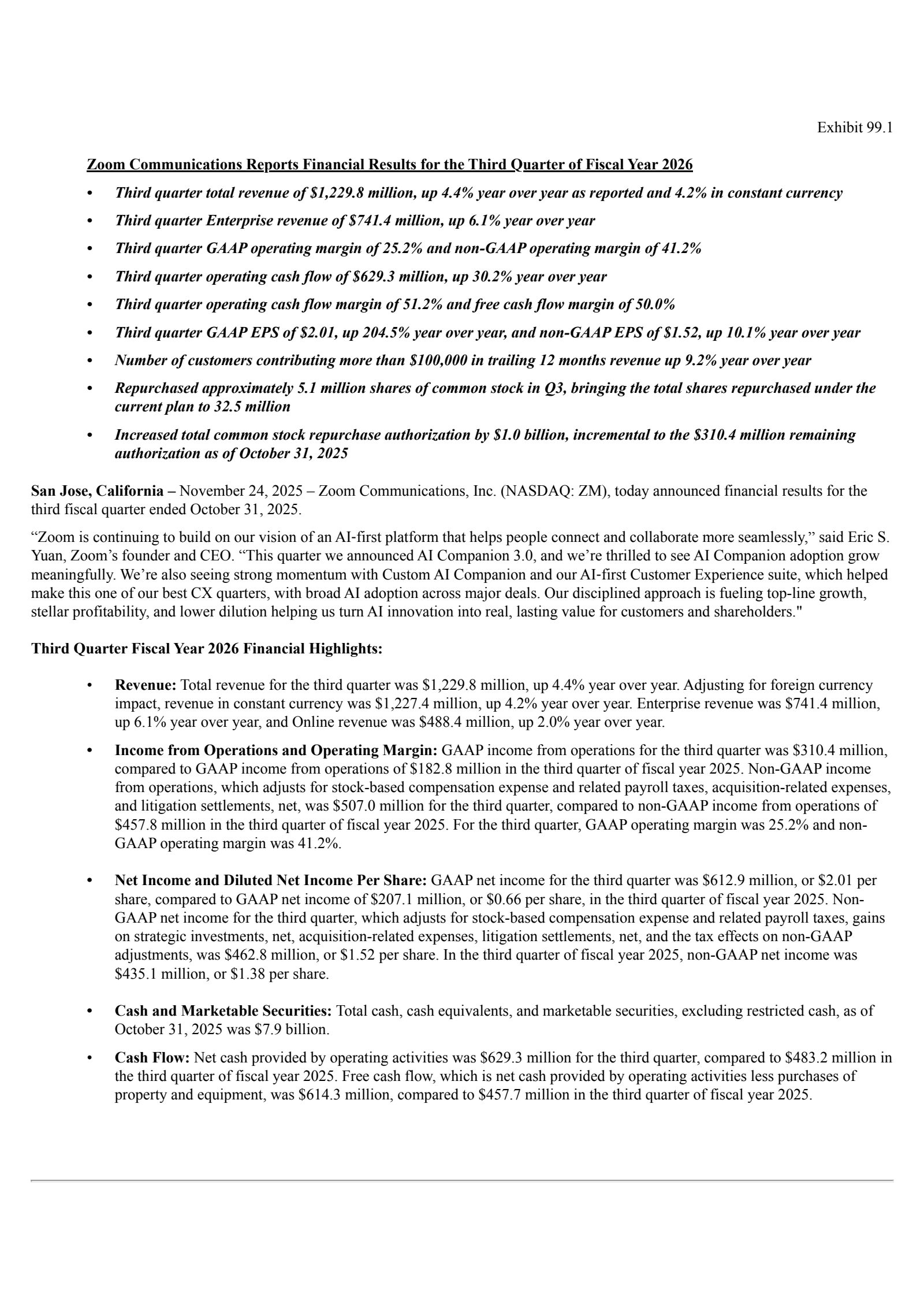 Zoom Communications' Q3 2026 Earnings Release