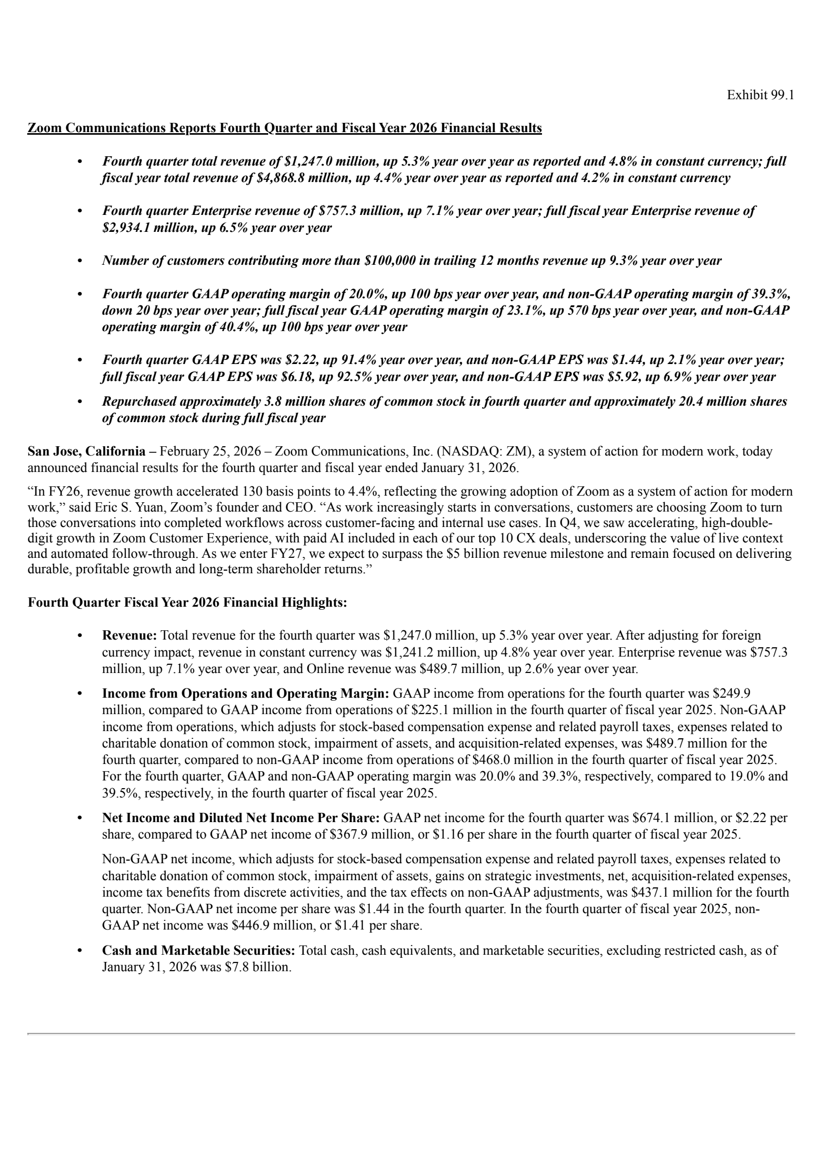 Zoom Communications' Q4 2026 Press Release