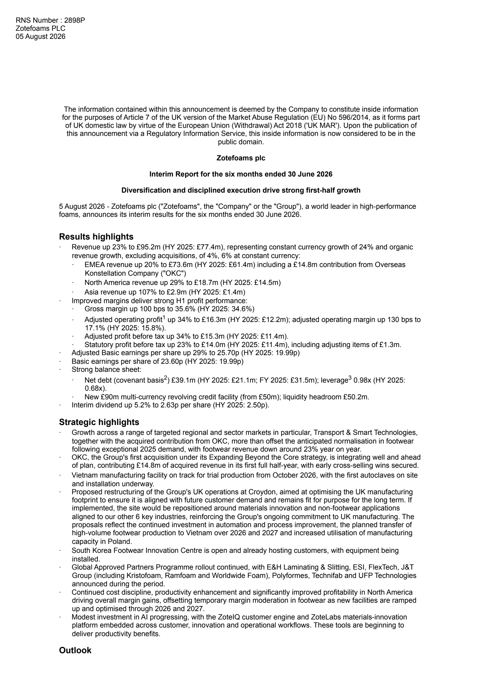 Zotefoams' H1 2026 Interim report