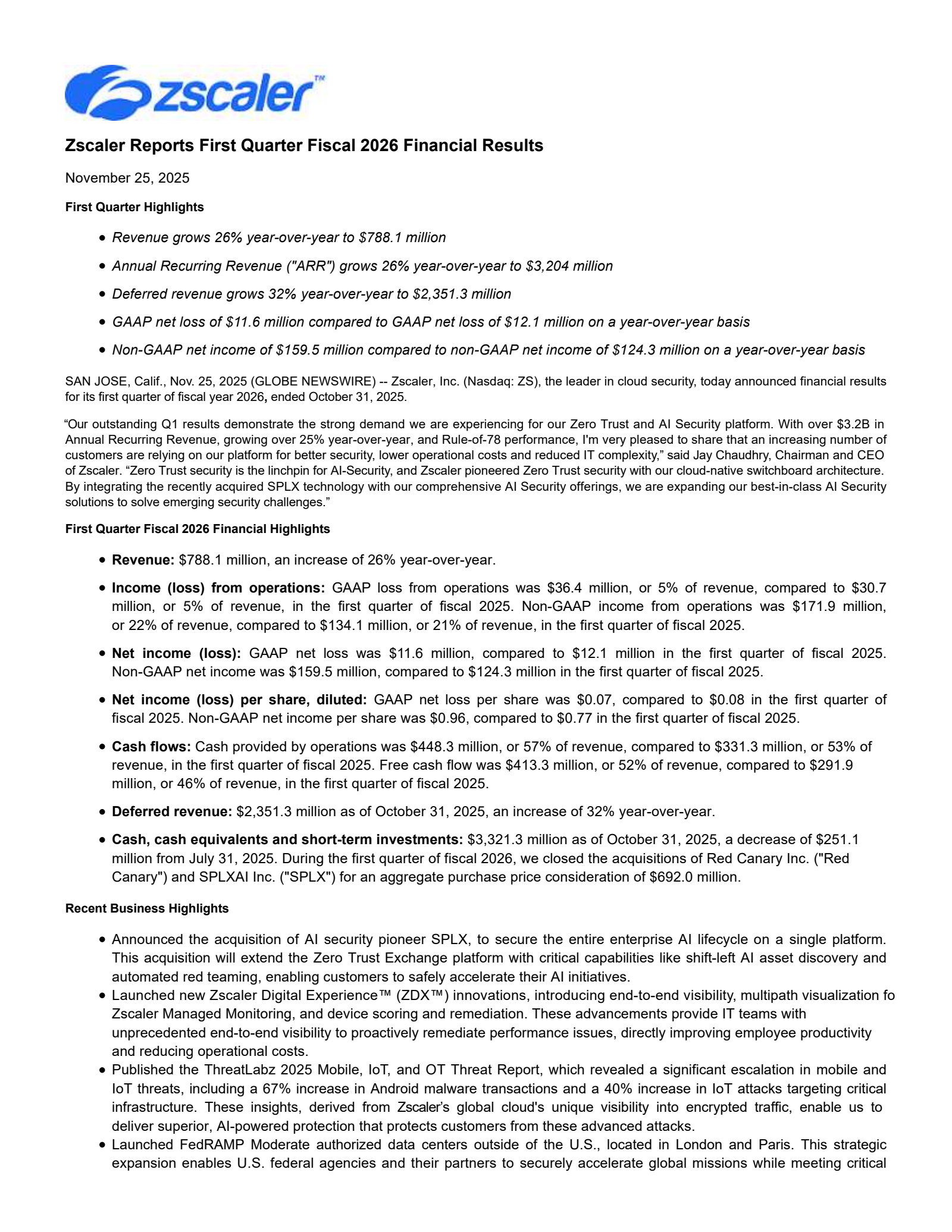 Zscaler's Q1 2026 Earnings Release