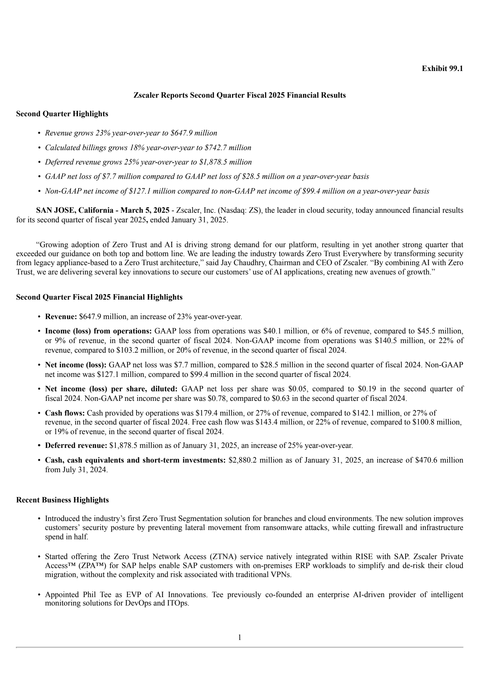 Zscaler's Q2 2025 Press Release