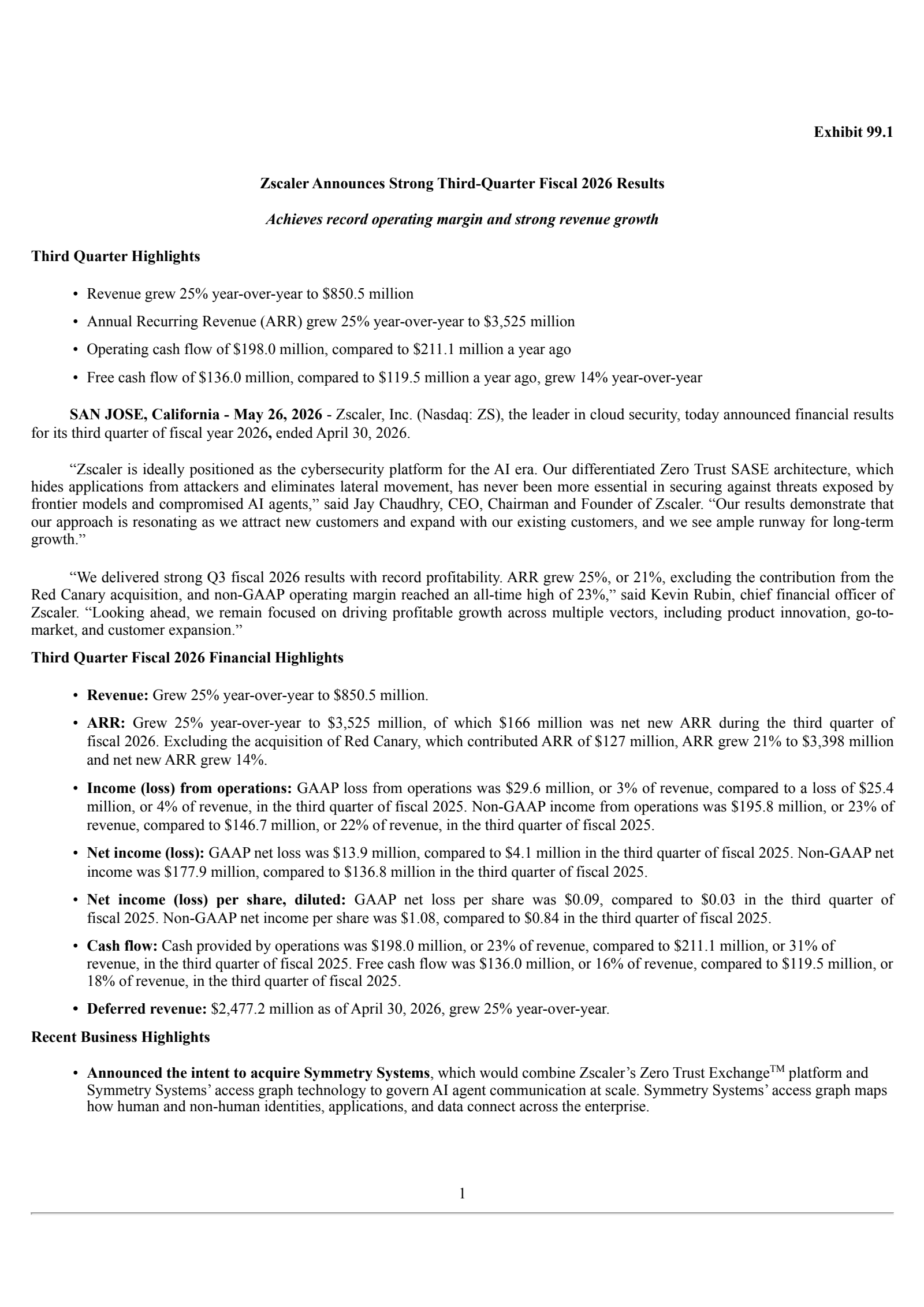 Zscaler's Q3 2026 Press Release