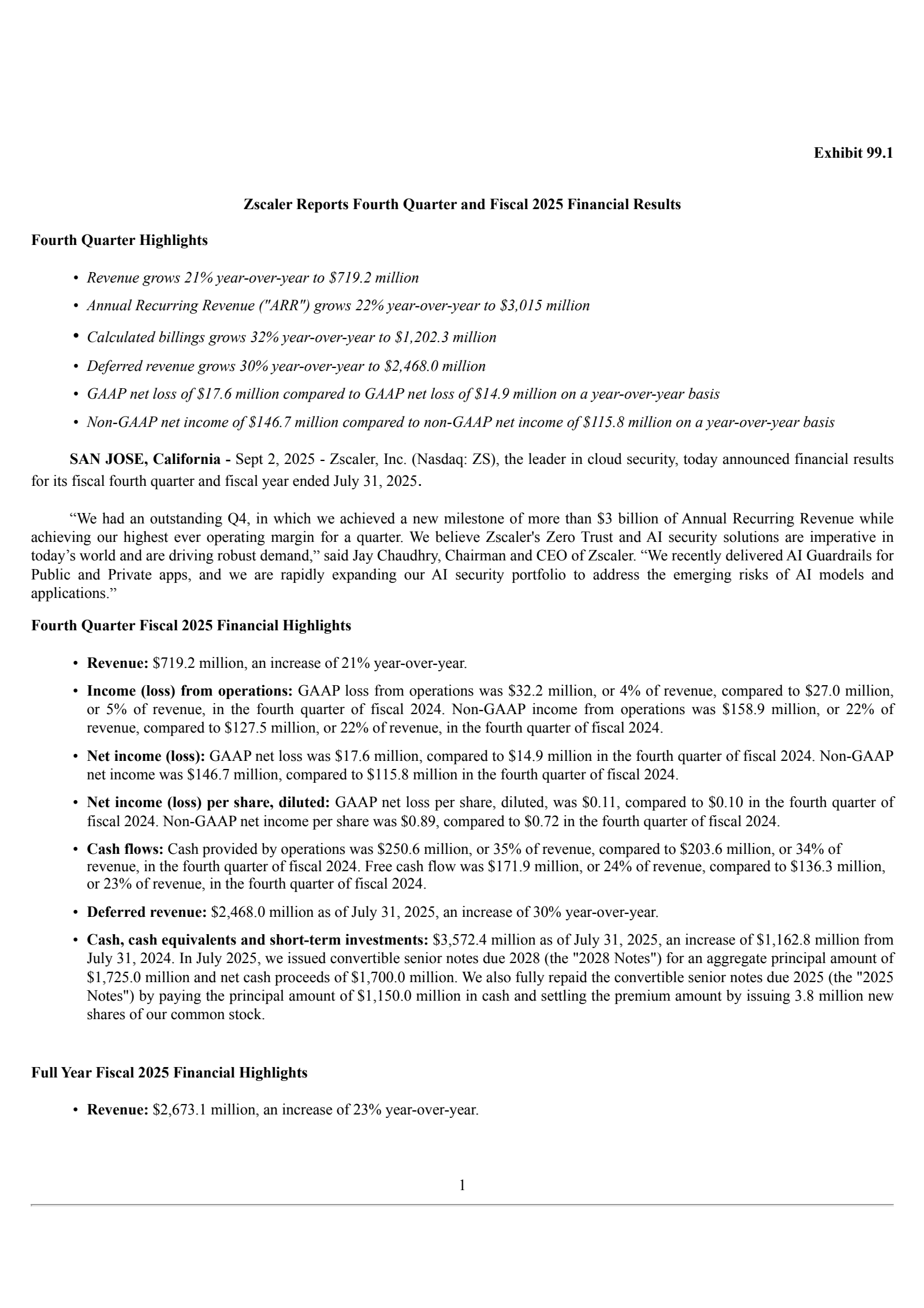 Zscaler's Q4 2025 Press Release
