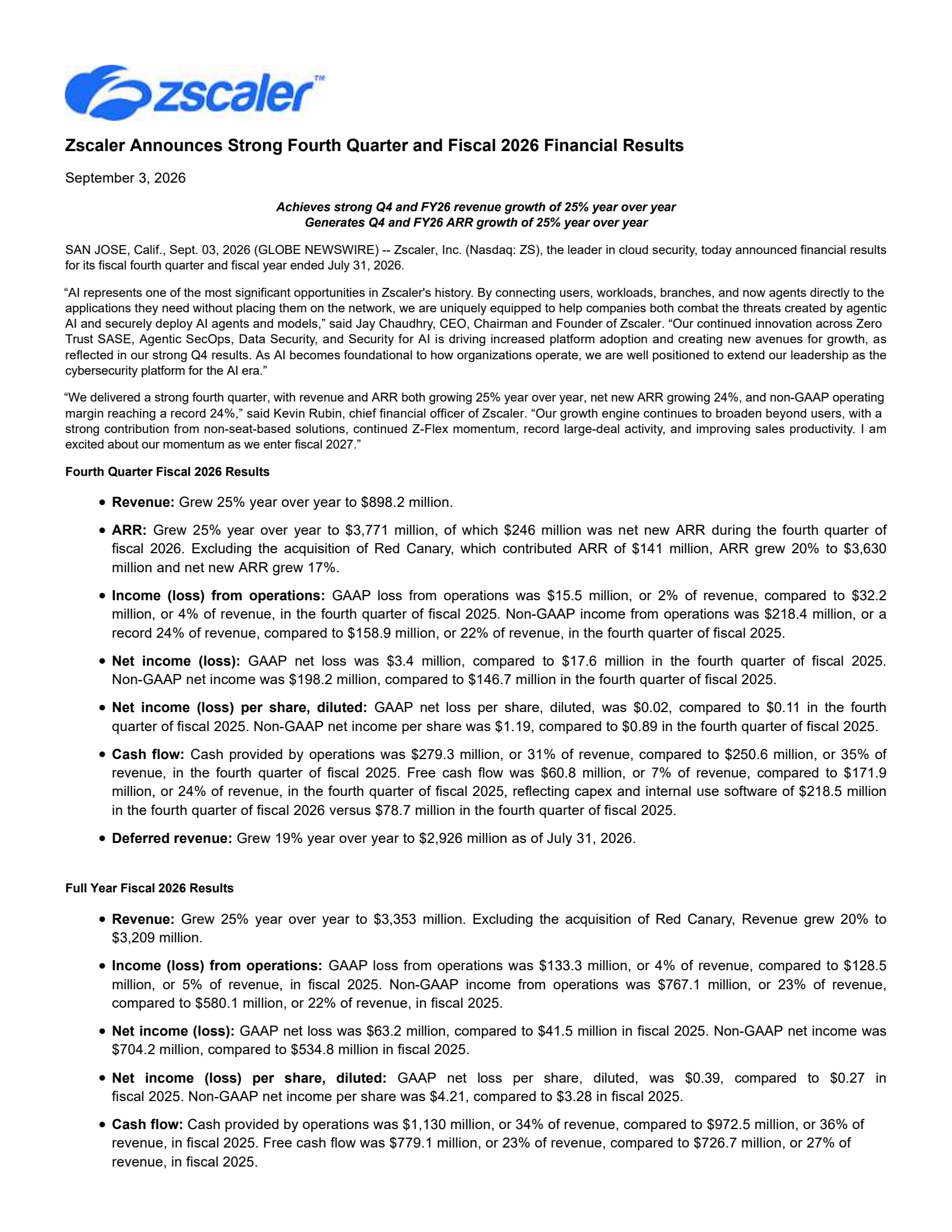 Zscaler's Q4 2026 Press Release
