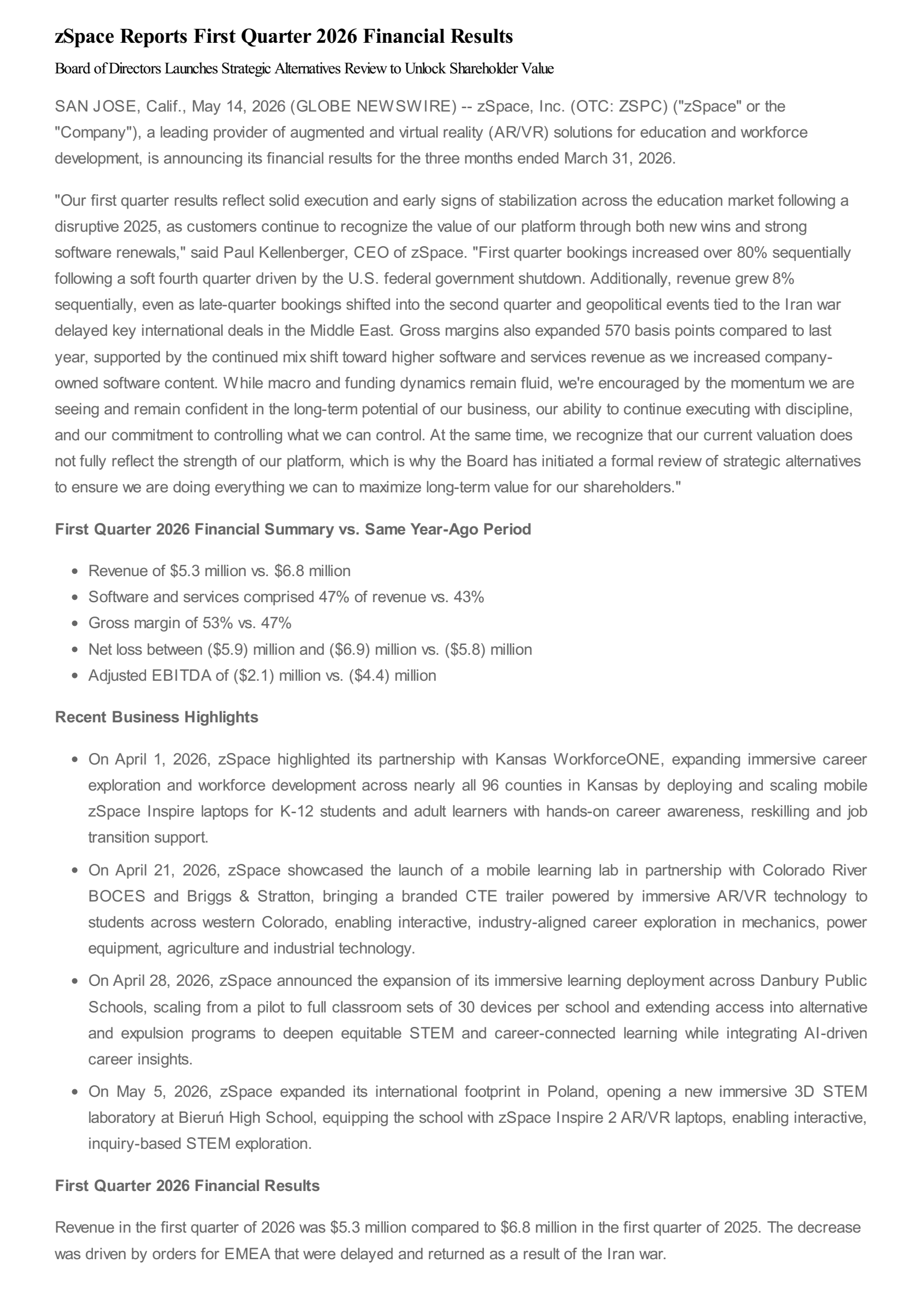 zSpace's Q1 2026 Press Release