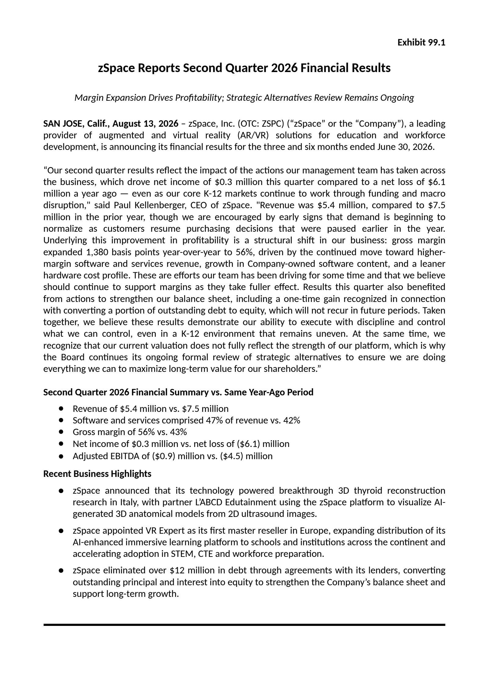 zSpace's Q2 2026 Press Release