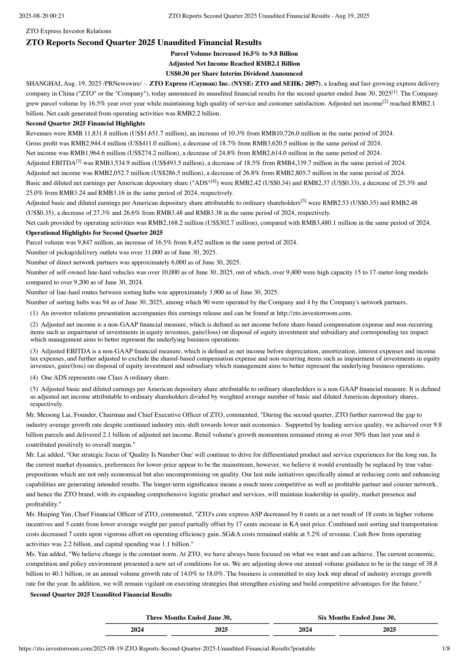 ZTO Express (Cayman)'s Q2 2025 Press Release