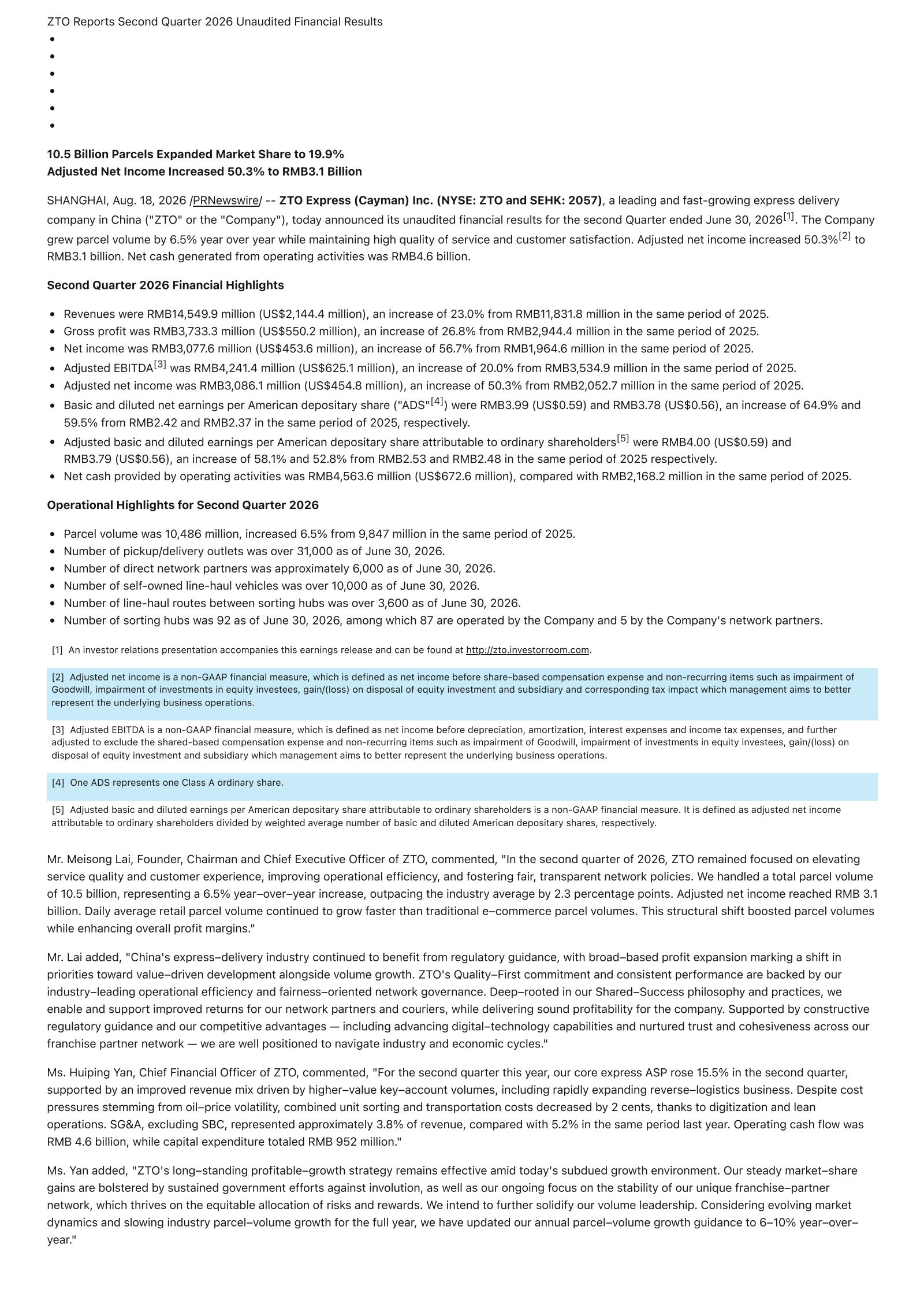 ZTO Express (Cayman)'s Q2 2026 Press Release