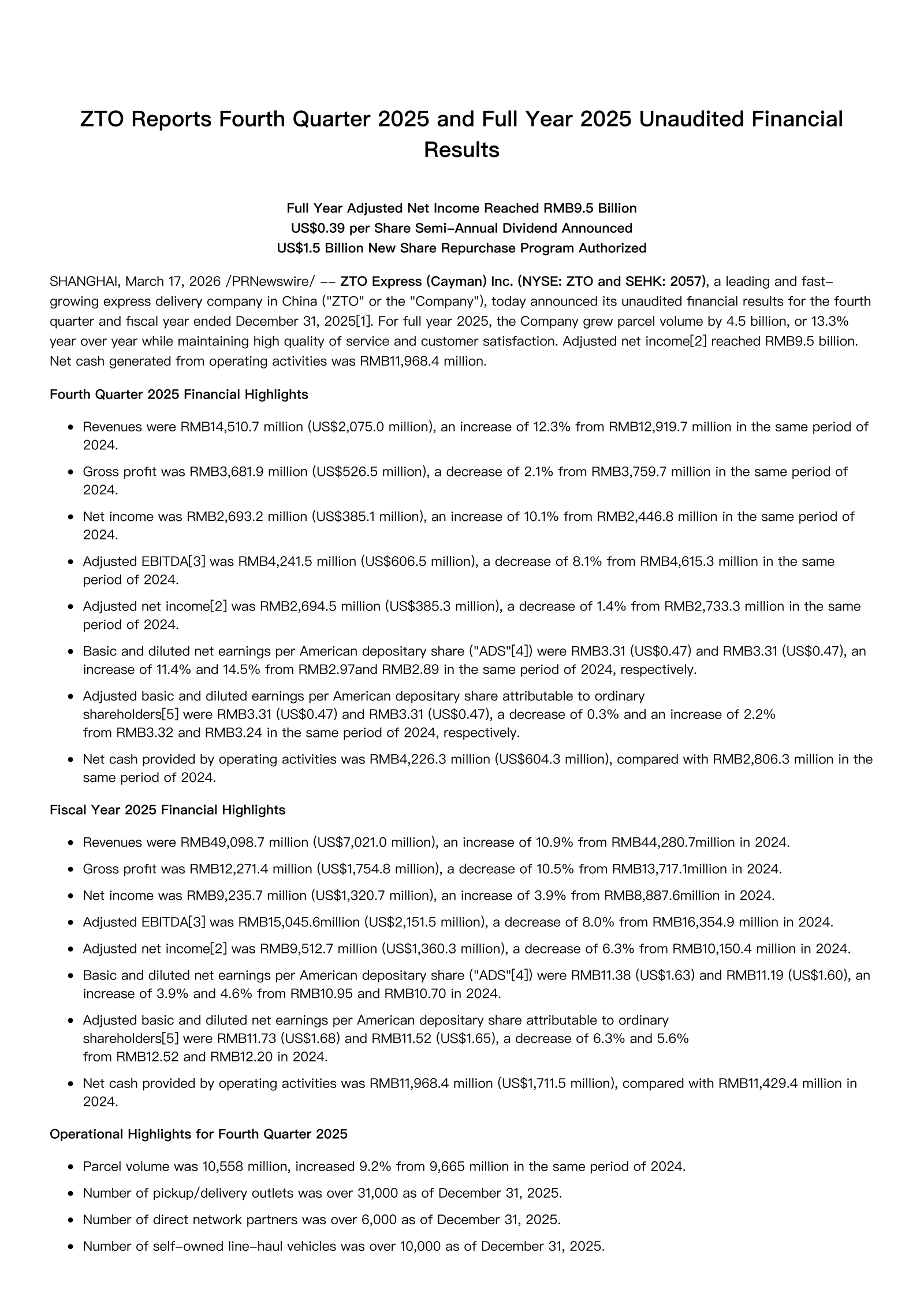 ZTO Express (Cayman)'s Q4 2025 Press Release