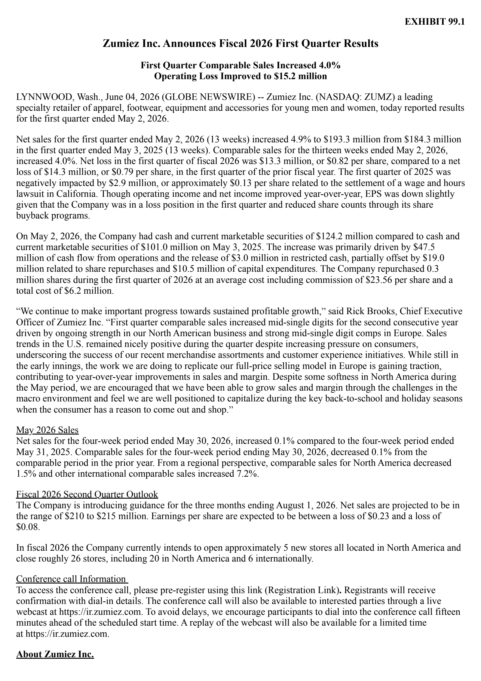 Zumiez's Q1 2027 Press Release