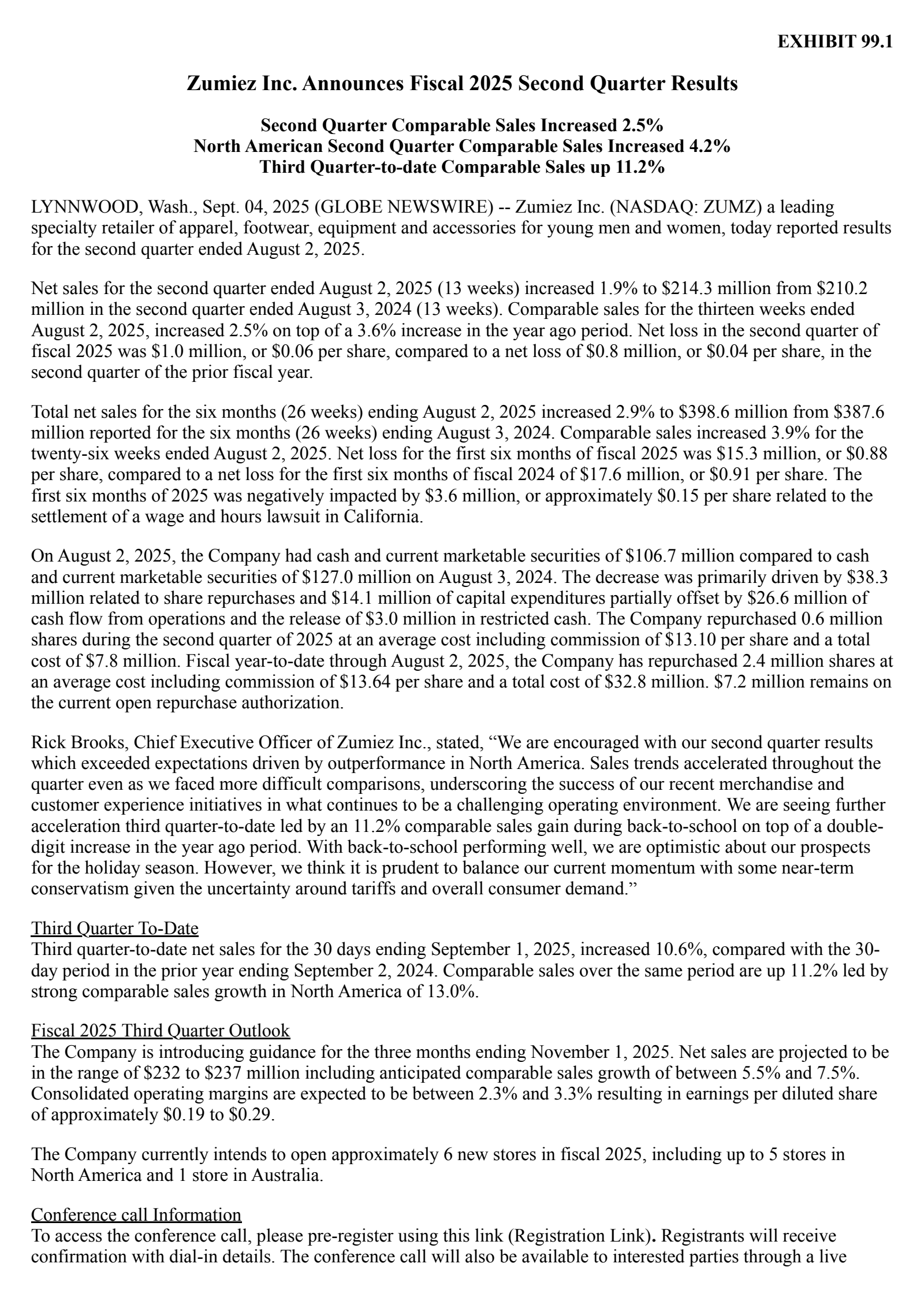 Zumiez's Q2 2026 Press Release