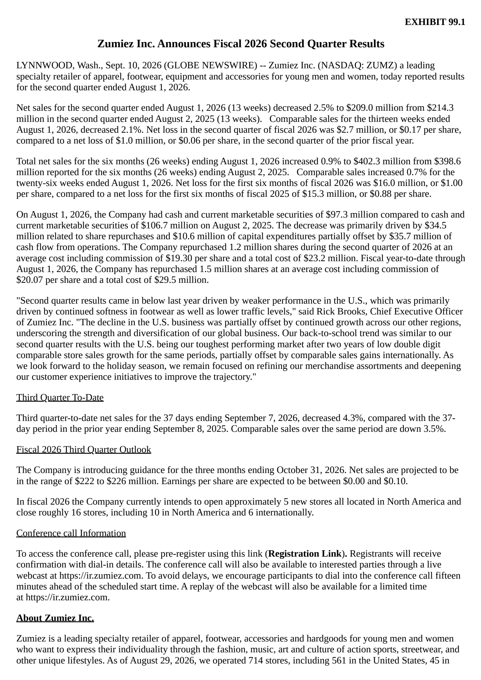 Zumiez's Q2 2027 Press Release