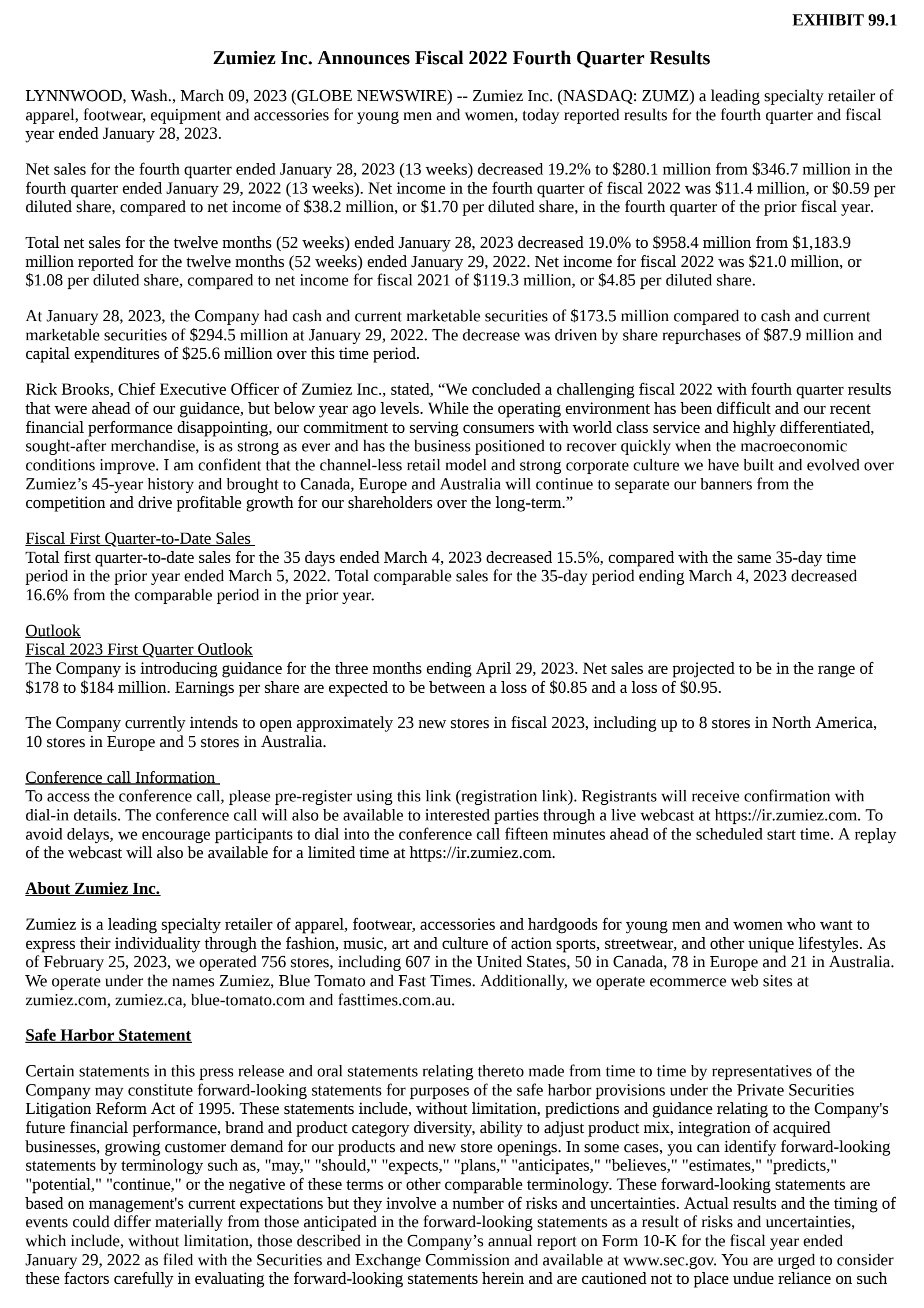 Zumiez's Q4 2023 Press Release