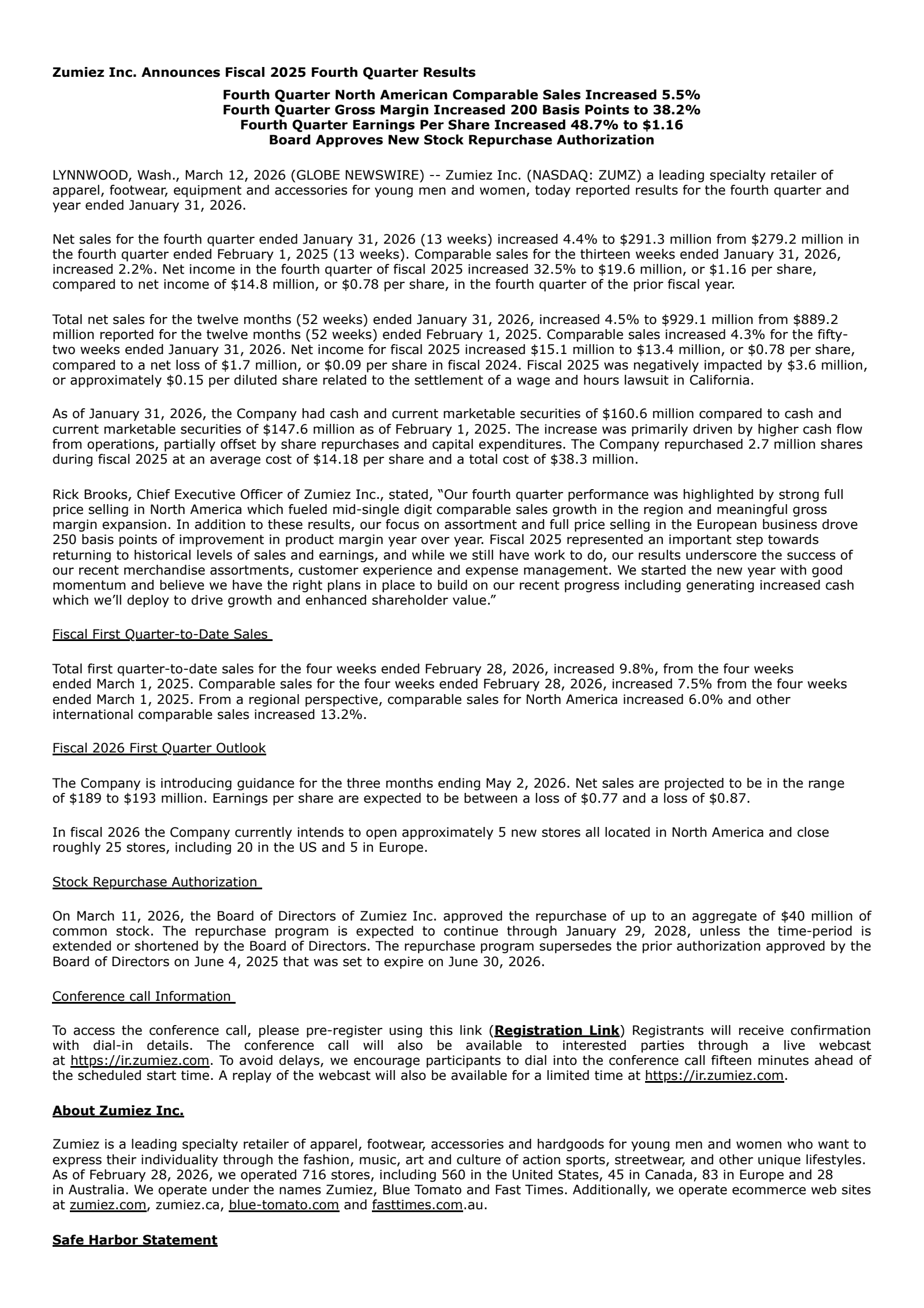 Zumiez's Q4 2026 Press Release