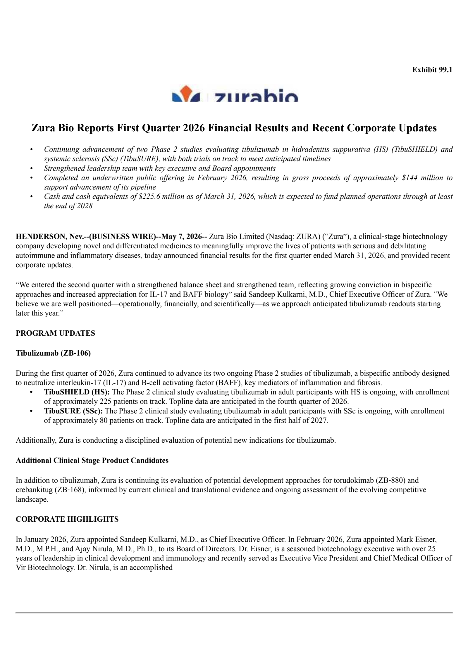 Zura Bio's Q1 2026 Press Release
