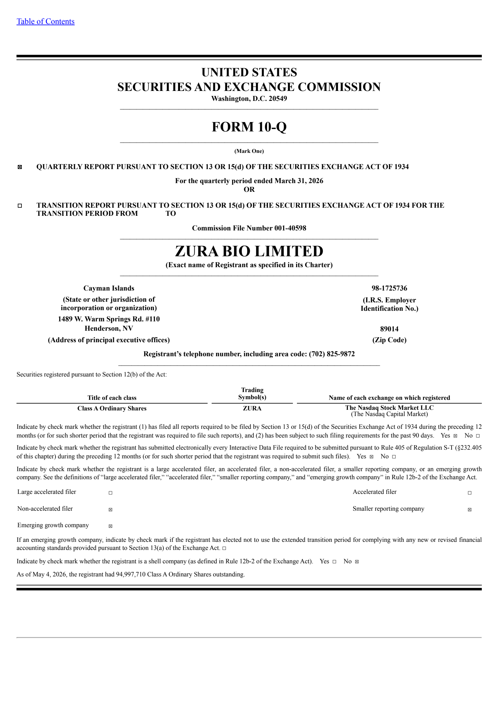 Zura Bio's Q1 2026 Quarterly report