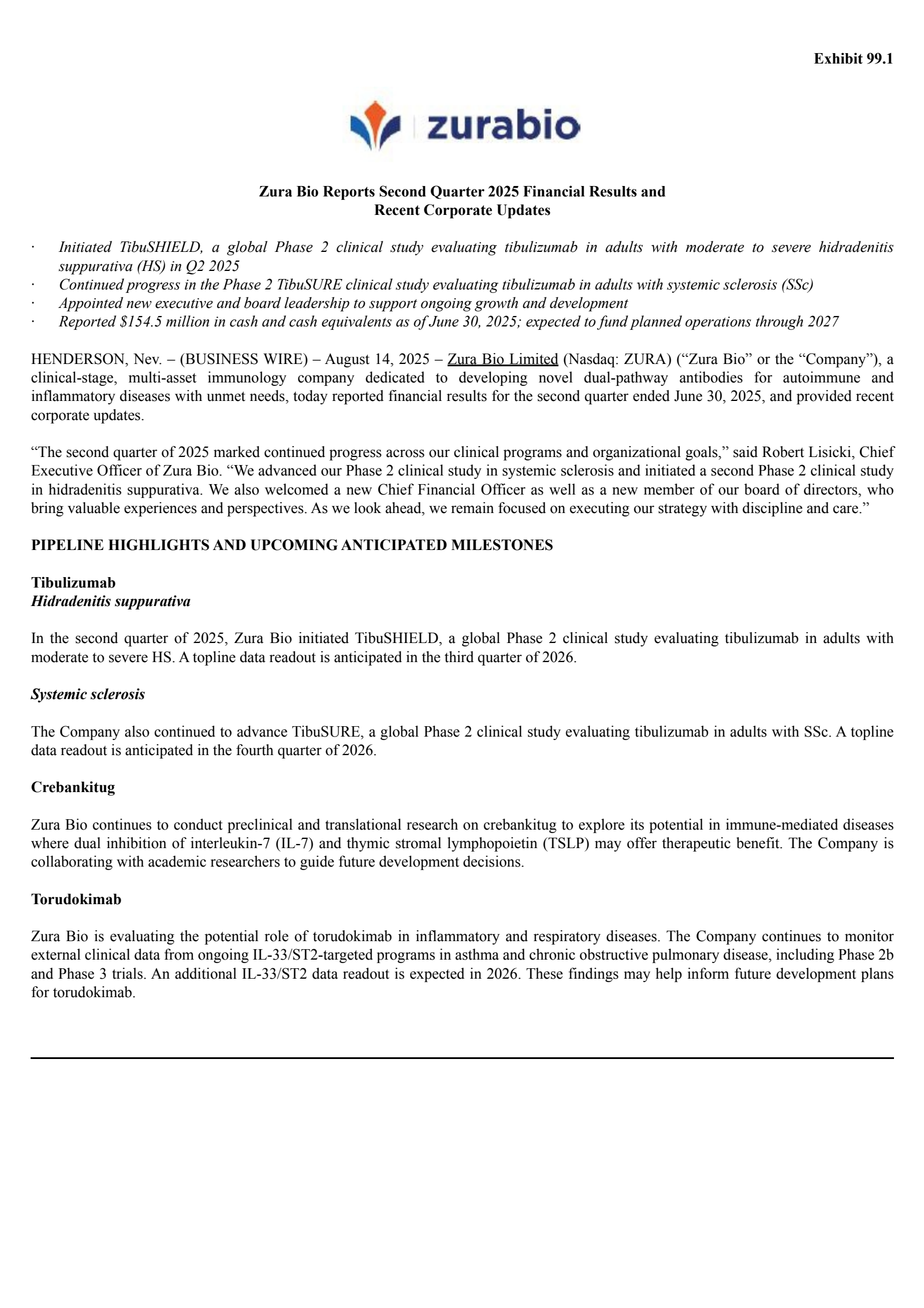 Zura Bio's Q2 2025 Press Release