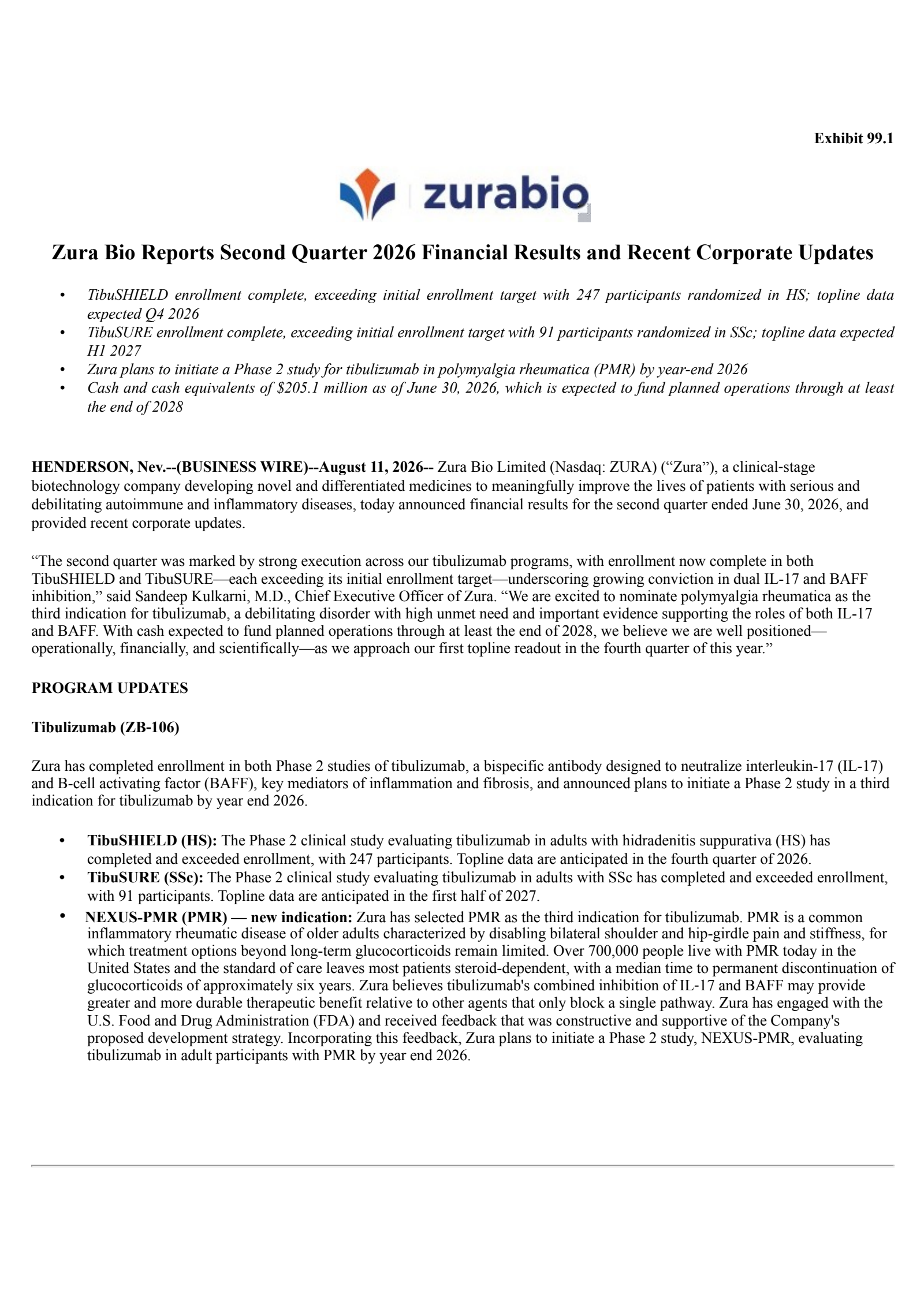 Zura Bio's Q2 2026 Press Release