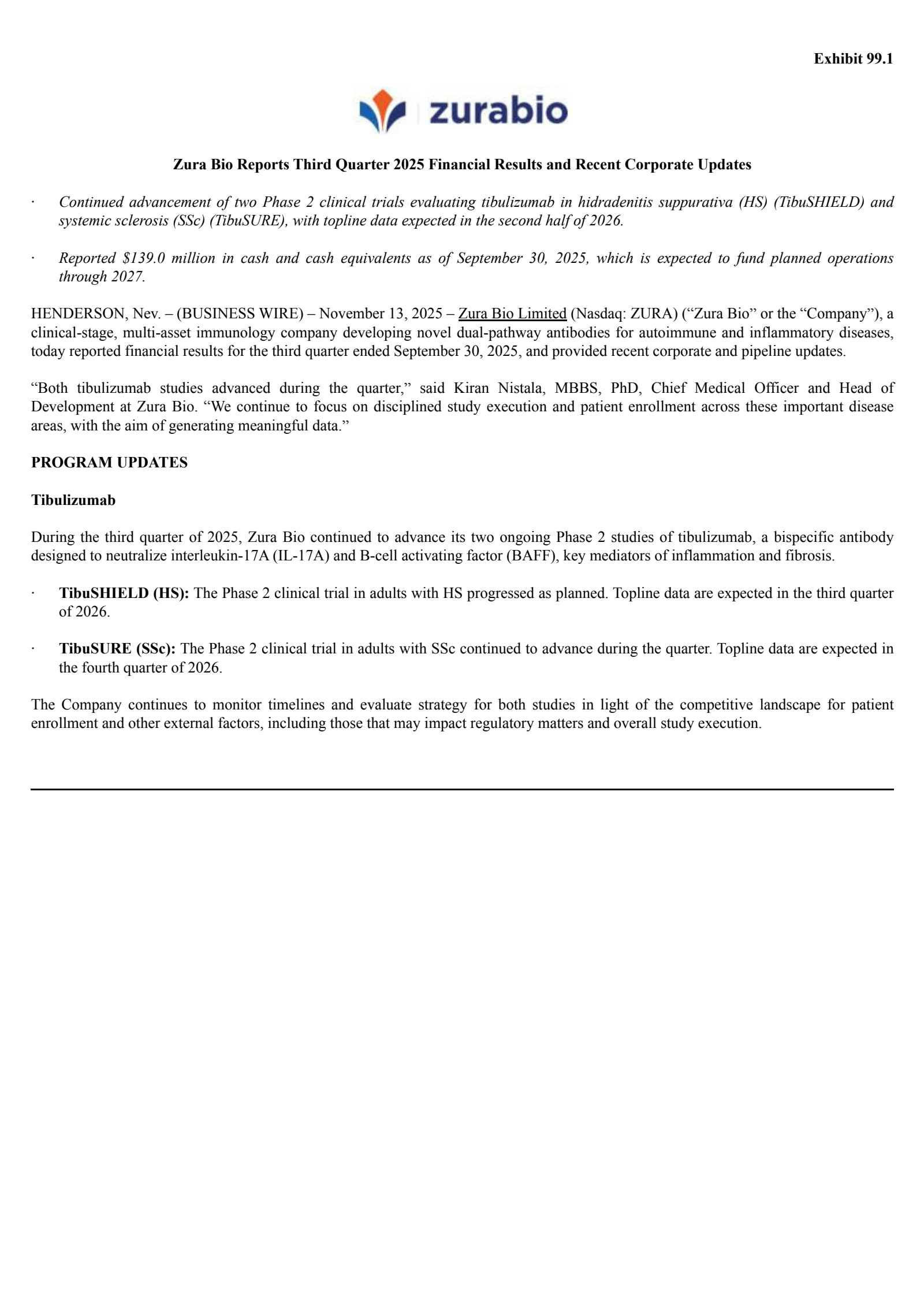 Zura Bio's Q3 2025 Earnings Release