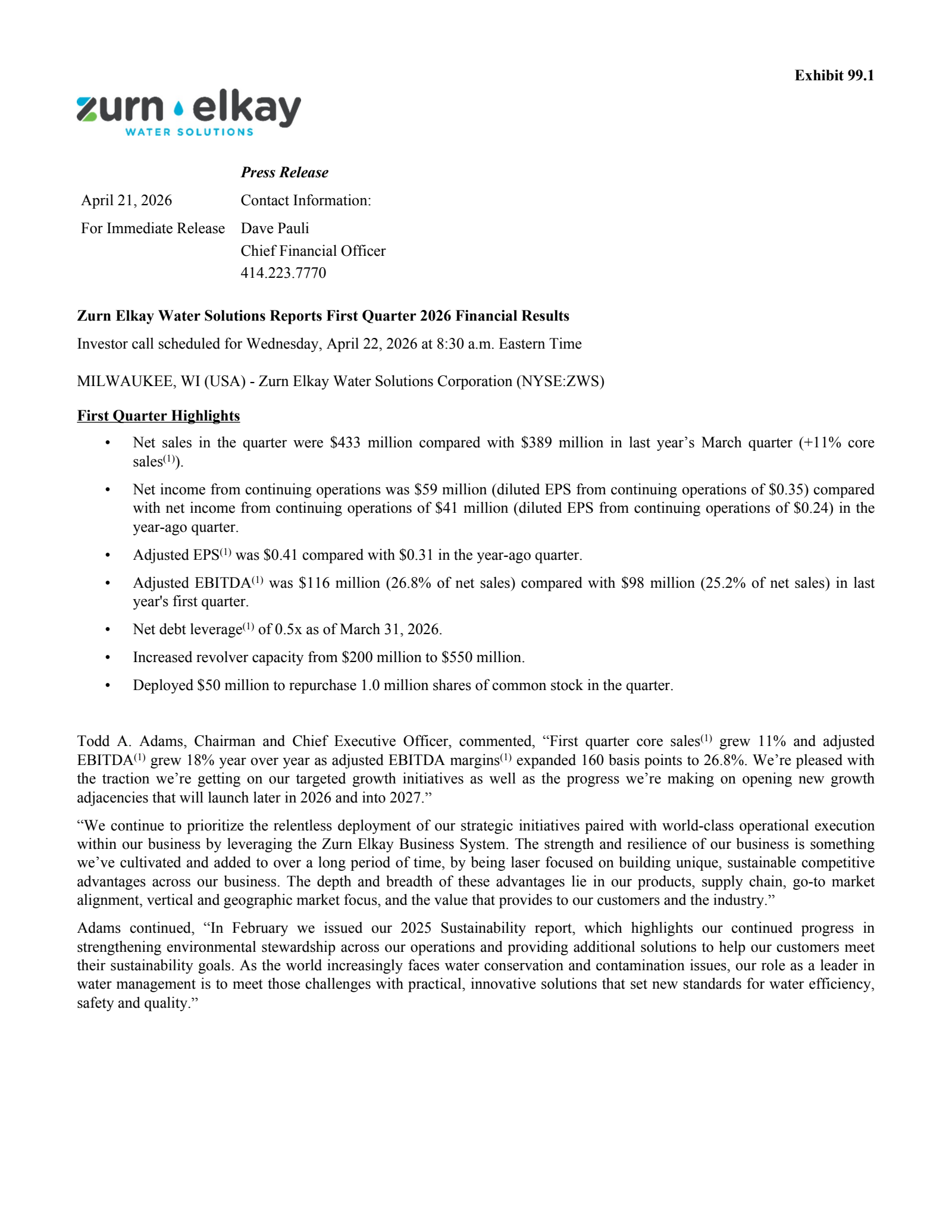 Zurn Elkay Water Solutions Cor's Q1 2026 Press Release
