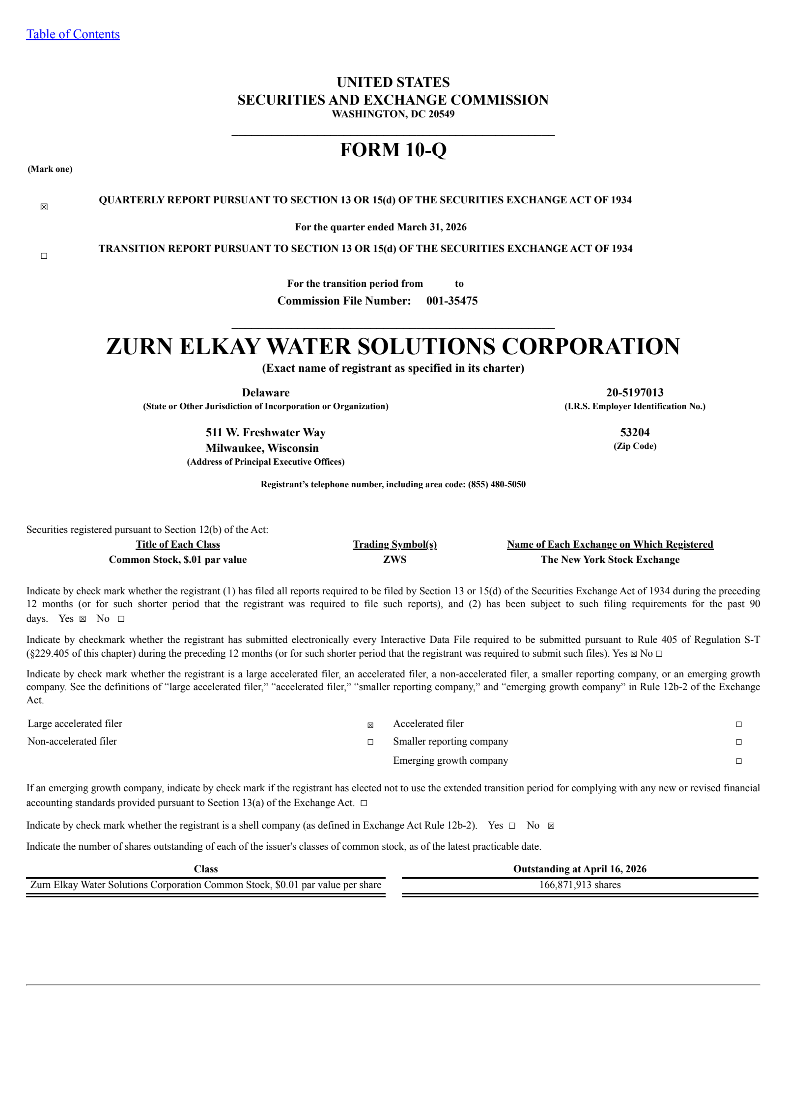 Zurn Elkay Water Solutions Cor's Q1 2026 Quarterly report