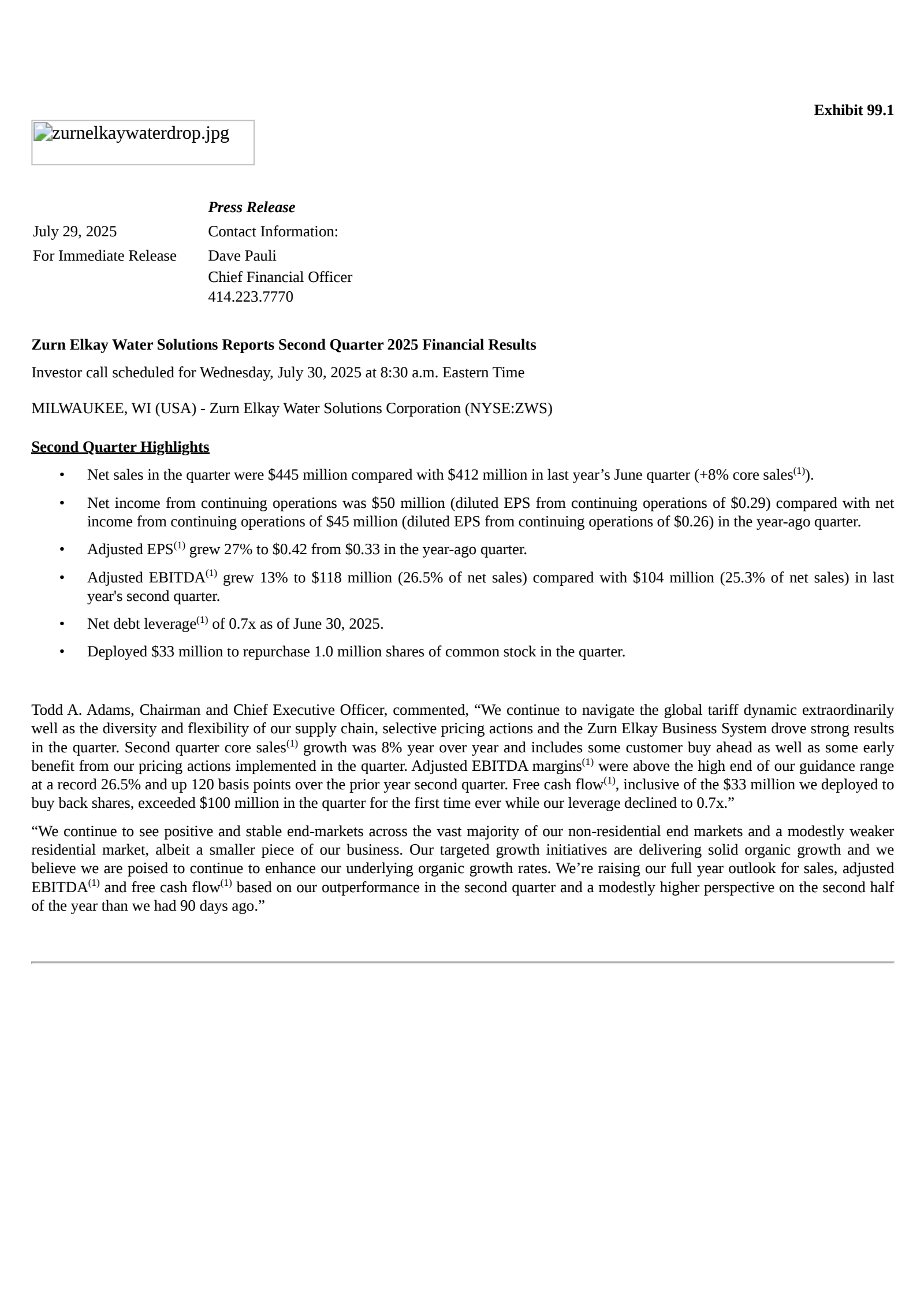 Zurn Elkay Water Solutions Cor's Q2 2025 Press Release