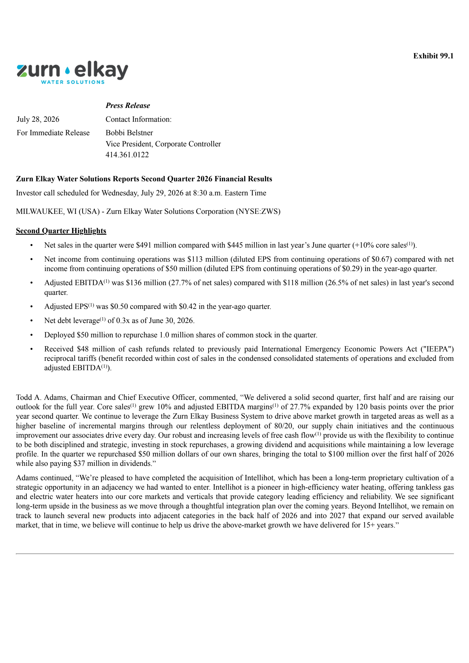 Zurn Elkay Water Solutions Cor's Q2 2026 Press Release