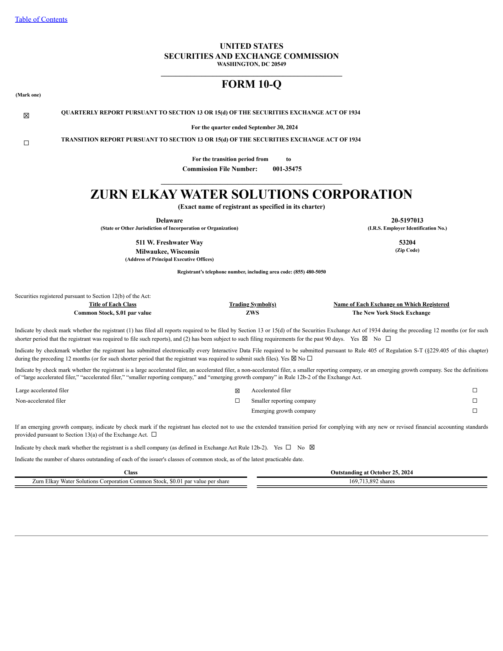 Zurn Elkay Water Solutions Cor's Q3 2024 Quarterly report