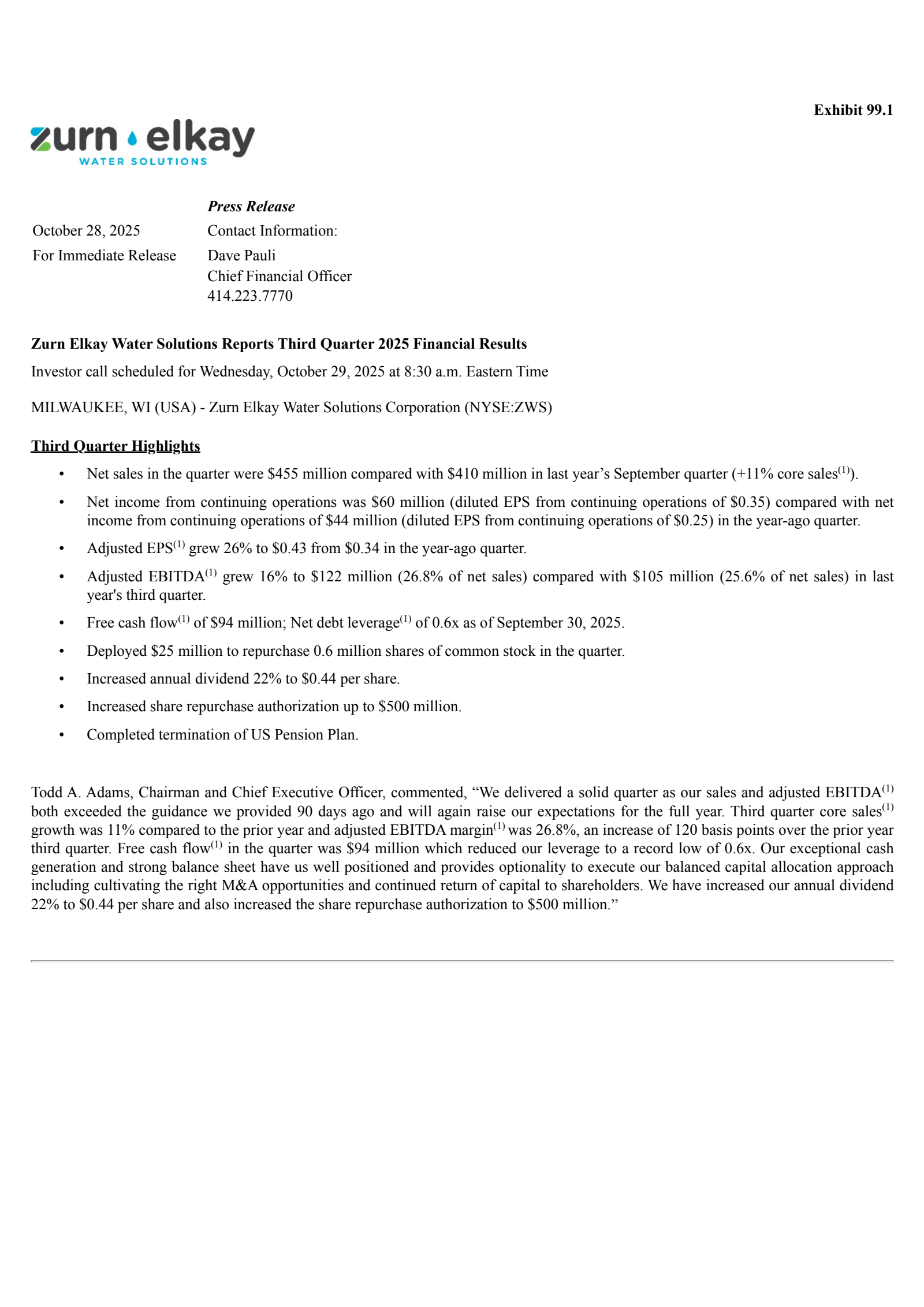 Zurn Elkay Water Solutions Cor's Q3 2025 Earnings Release