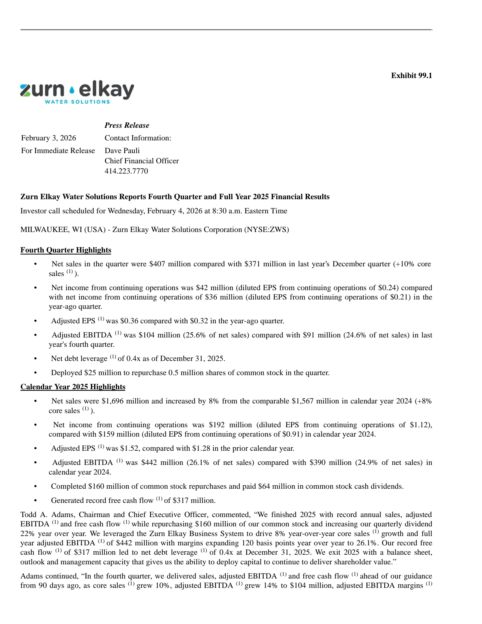 Zurn Elkay Water Solutions Cor's Q4 2025 Press Release