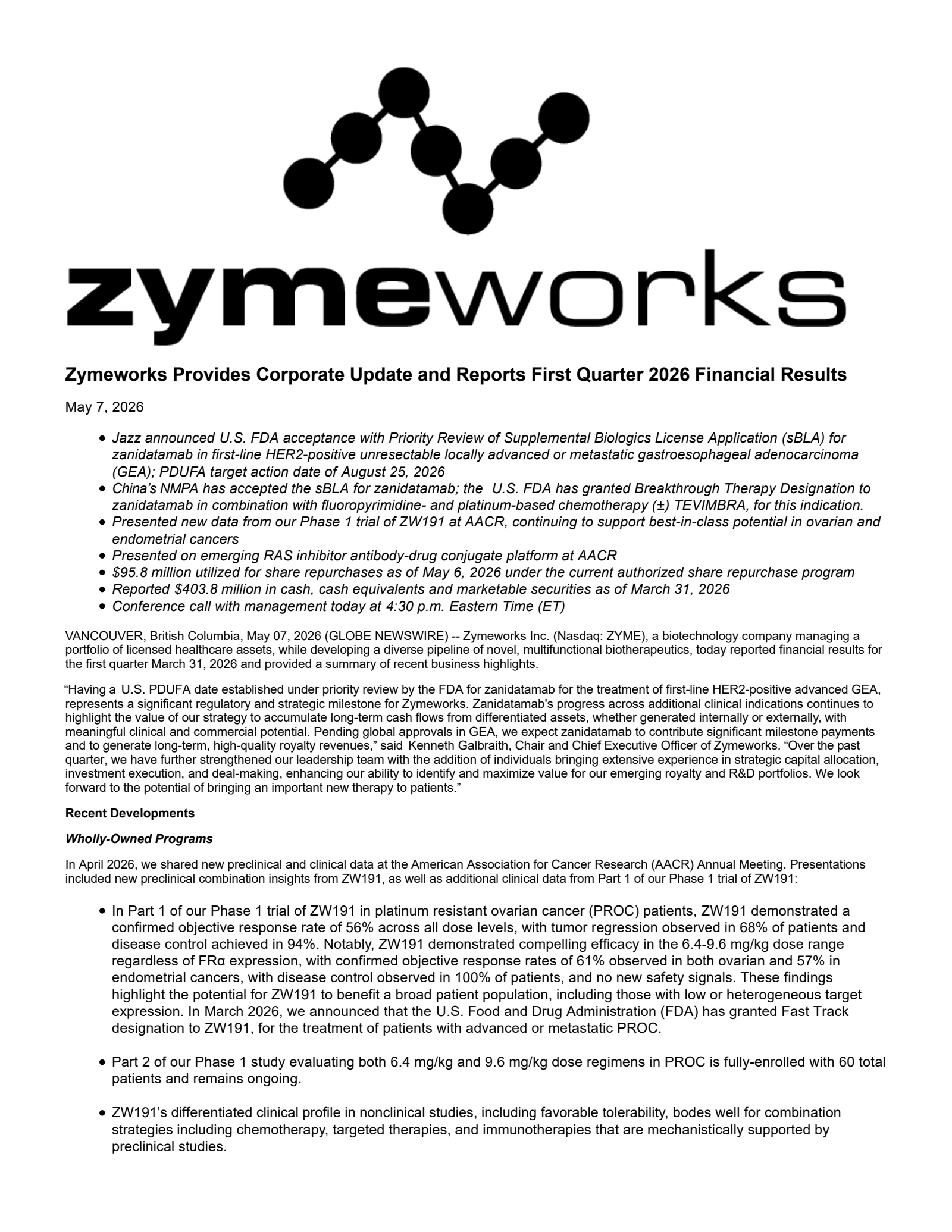 Zymeworks' Q1 2026 Press Release