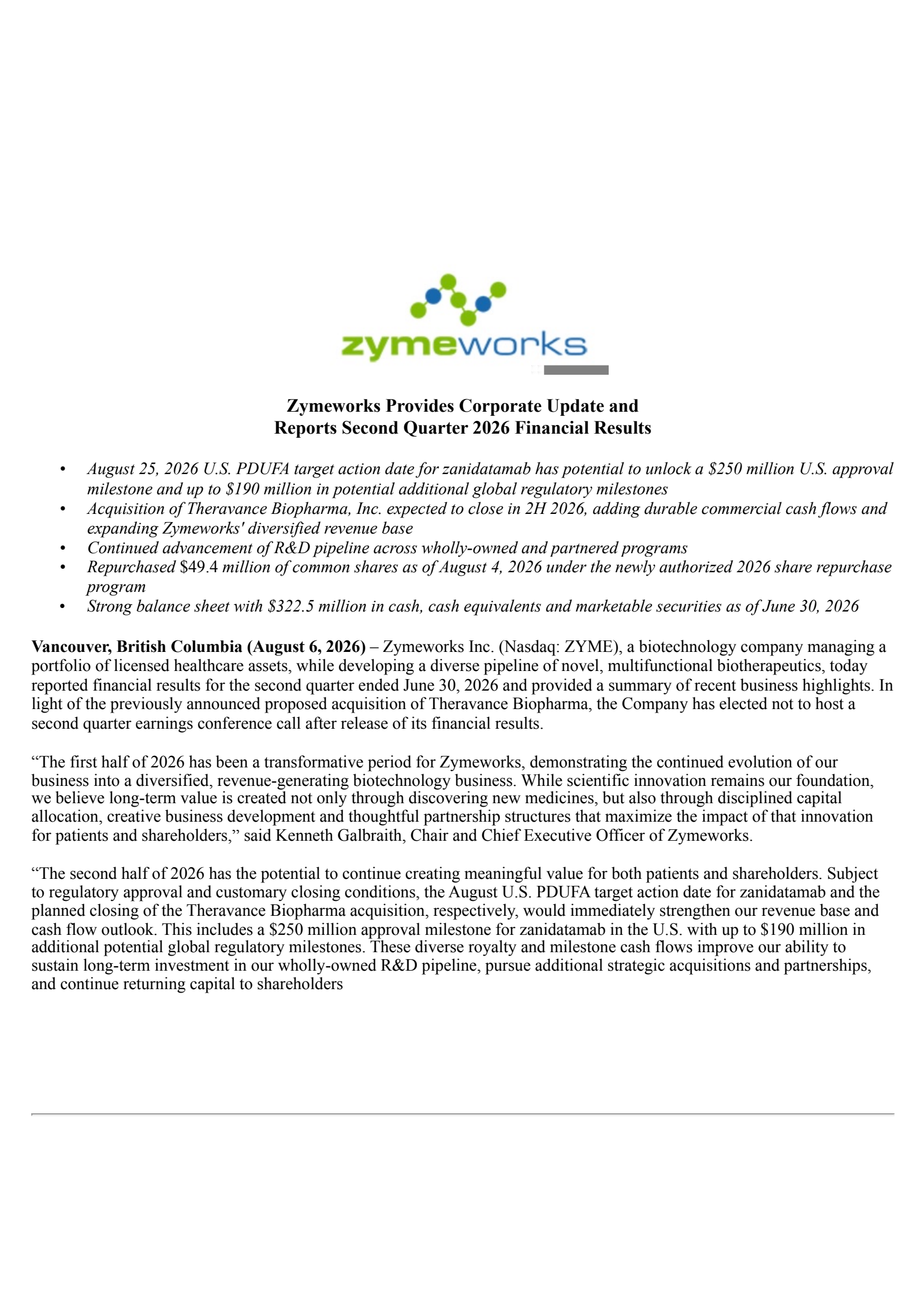 Zymeworks' Q2 2026 Press Release