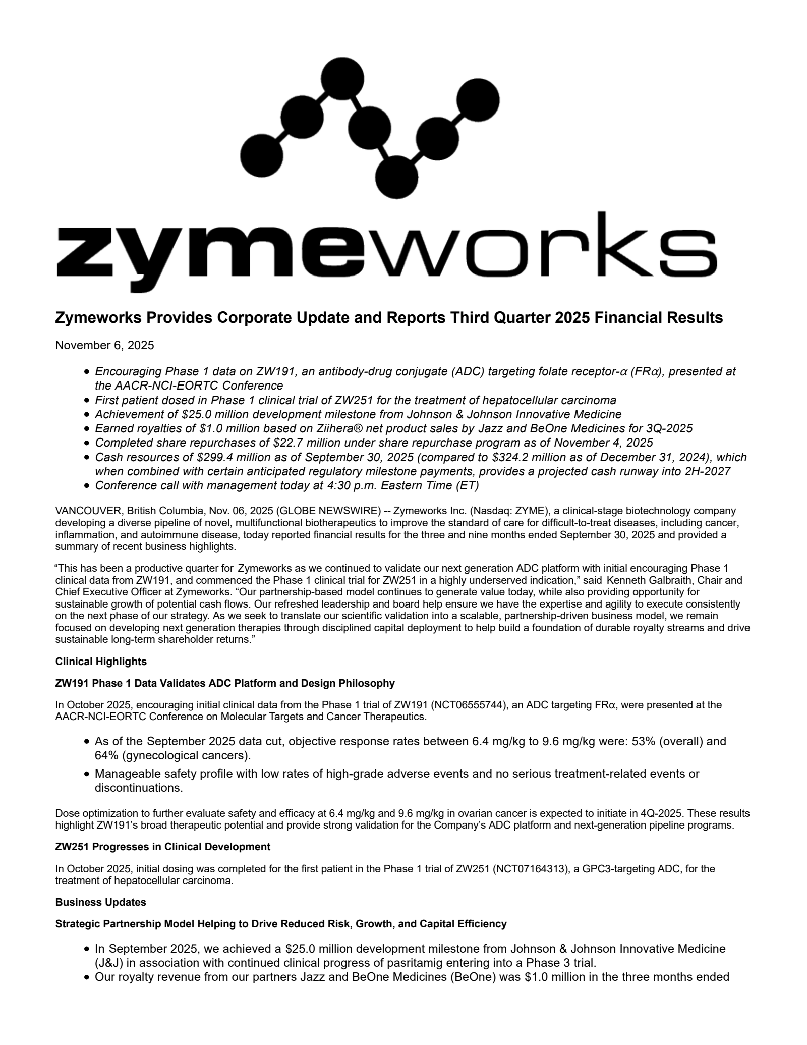 Zymeworks' Q3 2025 Earnings Release