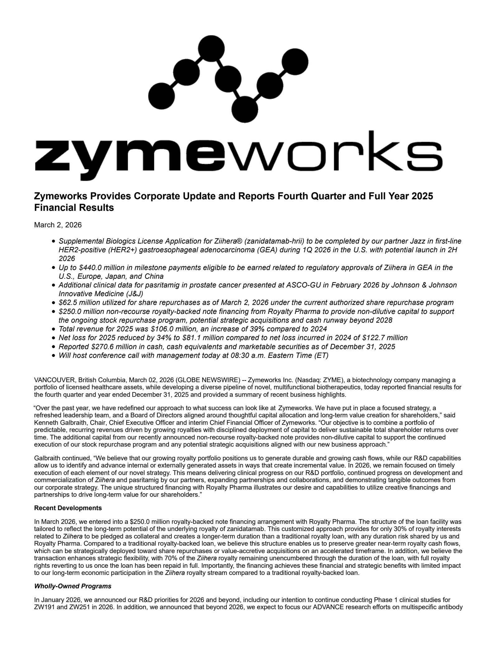 Zymeworks' Q4 2025 Press Release