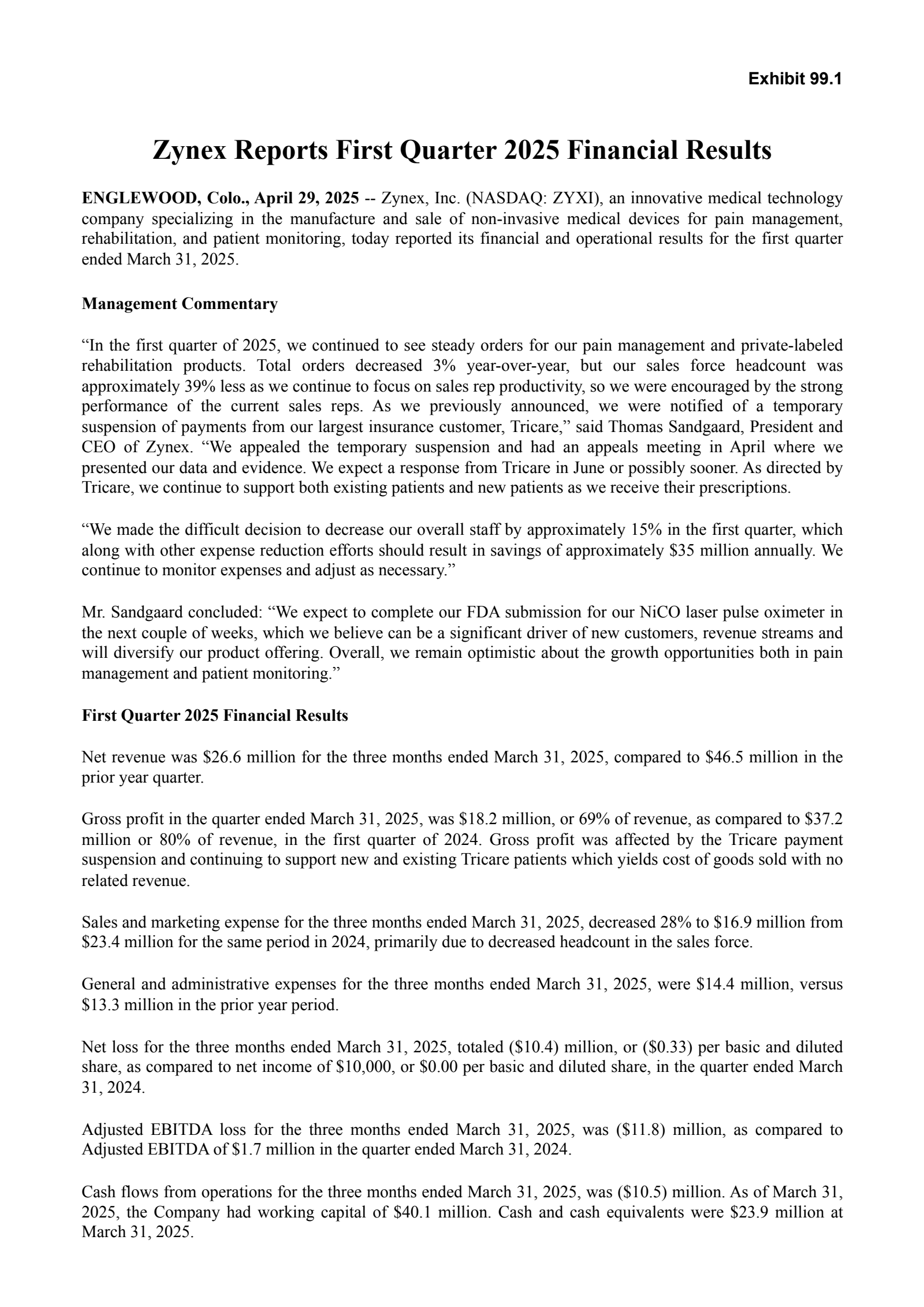 Zynex's Q1 2025 Press Release