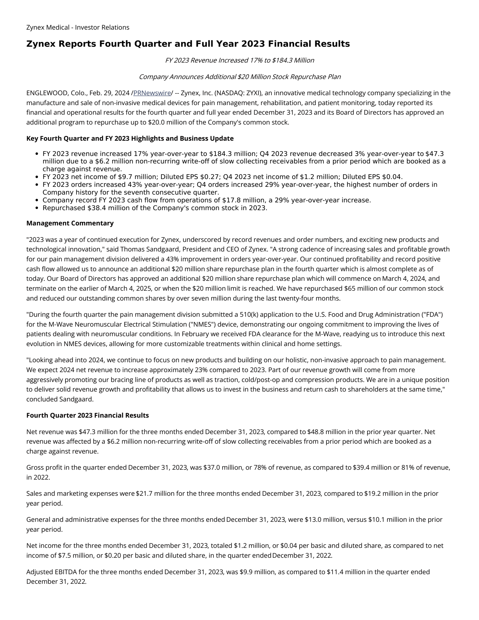 Zynex's Q4 2023 Press Release